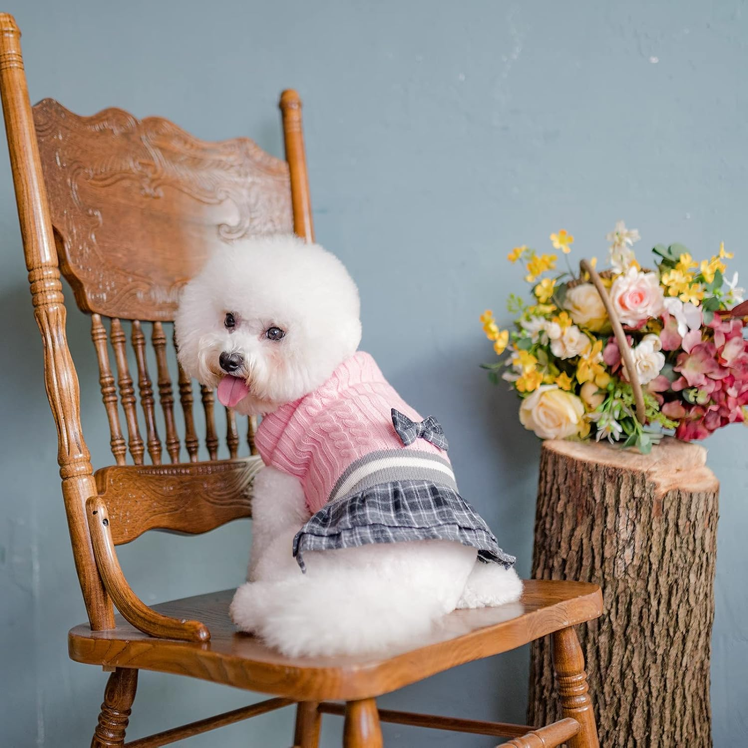 PAWCHIE Dog Sweater Dress with Bowtie - Dog Turtleneck Pullover Knitwear for Small Dogs Girls Cold Weather Sweater with Leash Hole, Suitable for Small Medium Dogs Puppies image number 4