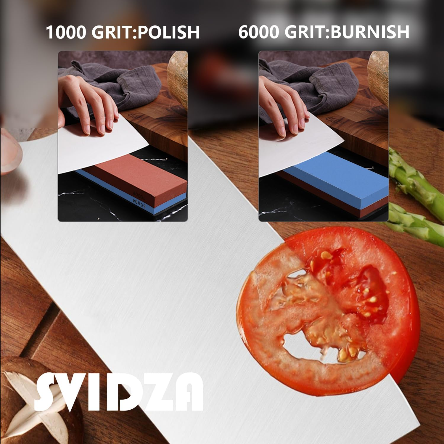 Whetstone, Double Sided 1000/6000 Grit, Kitchen Knife Sharpener, Premium Double Sided Dry Sharpening Stone and Knife Sharpener Set, Including Non-Slip Base and Angle Guide