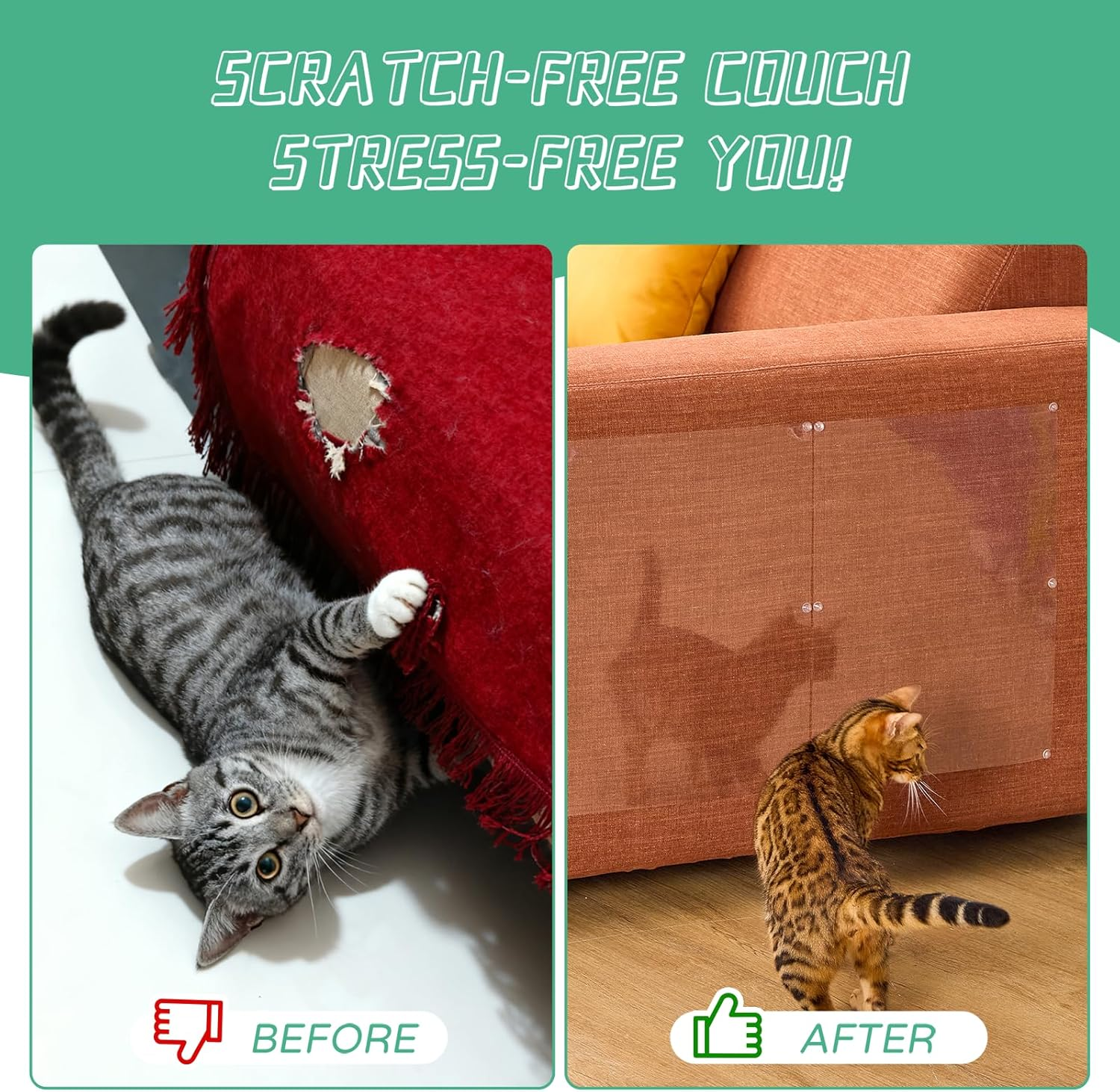 10 Pcs Furniture Protectors from Cats, Clear Self-Adhesive Cat Scratch Deterrent, Couch Protector 4 Pack X-Large (18"L 12"W) + 4 Pack Large (9"W) + 2 Pack (6"W) Cat Repellent for Furniture - 6Pcs + 40Pins image number 3