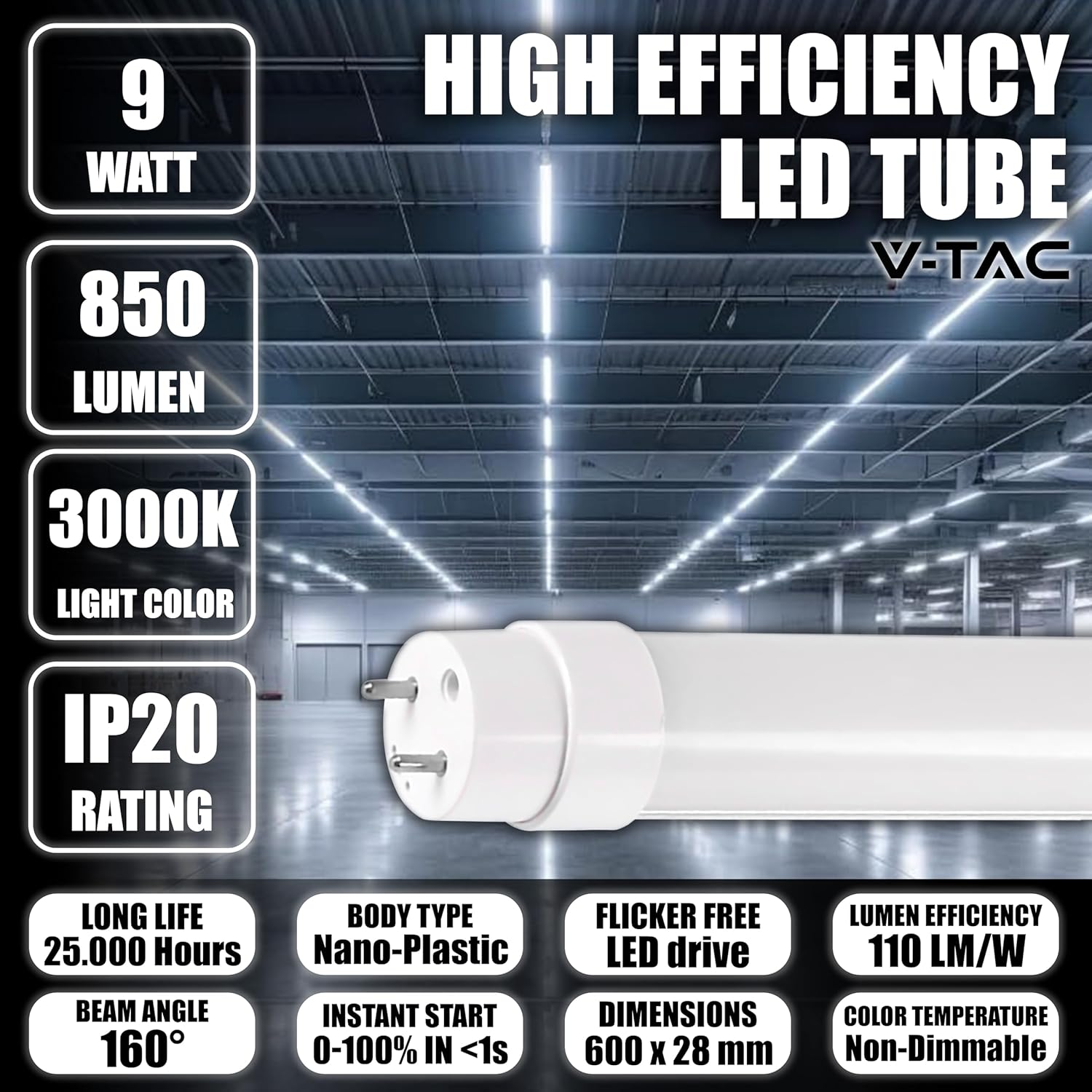 V-TAC 4 X LED Tubes 60 Cm - T8 - G13 Socket 7.5 W - 850 Lumen - Samsung Chip - LED Tubes for Ceiling, Wall, Garage, Shop - T8 Tube - Replacement for Neon Tubes - Light Cool White 6500 K image number 1