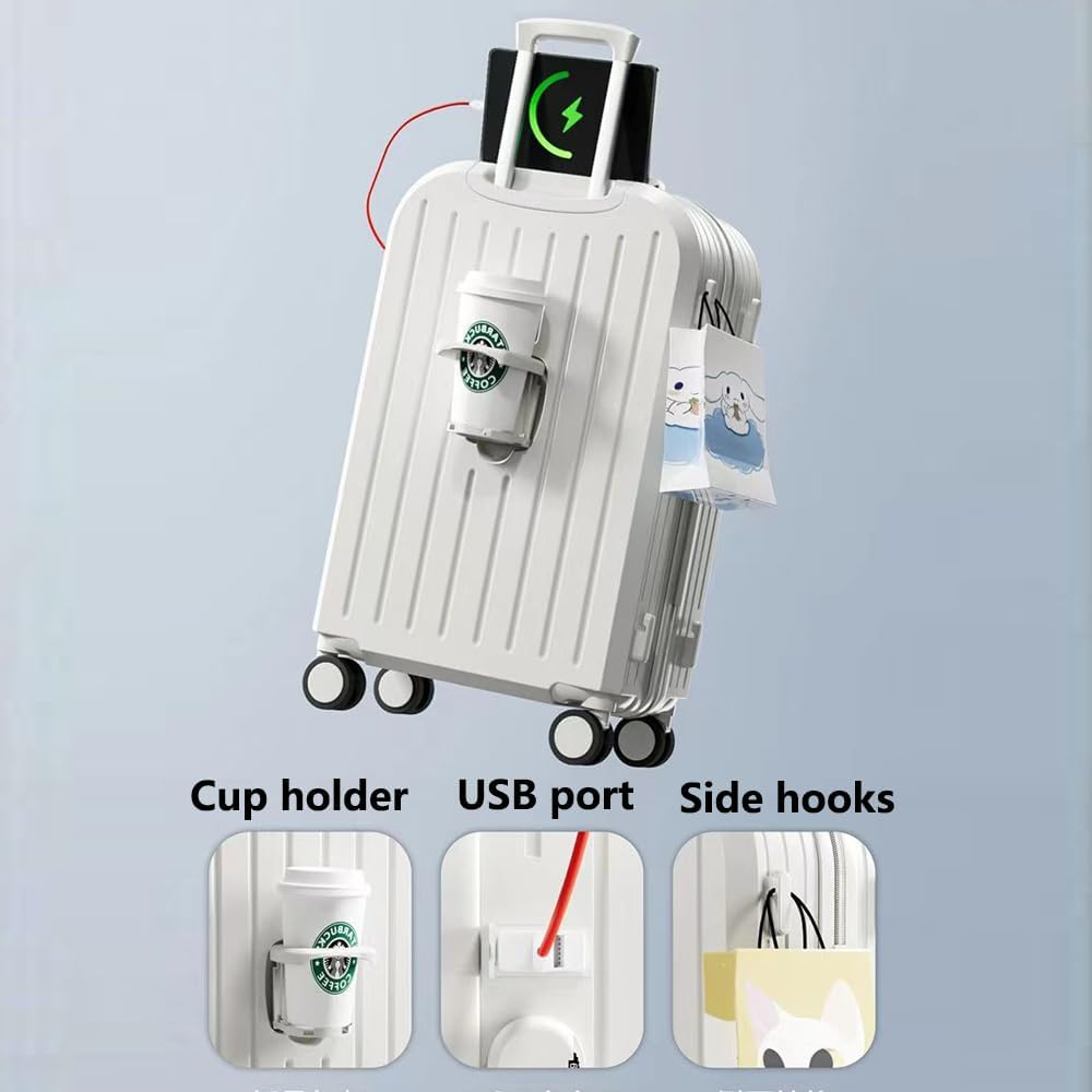 Hbluefat Carry on Luggage with Cup Holder and USB Charge Port,20 Inch Hardshell Suitcase with Spinner Wheels for Travel,Business,School (White) image number 1