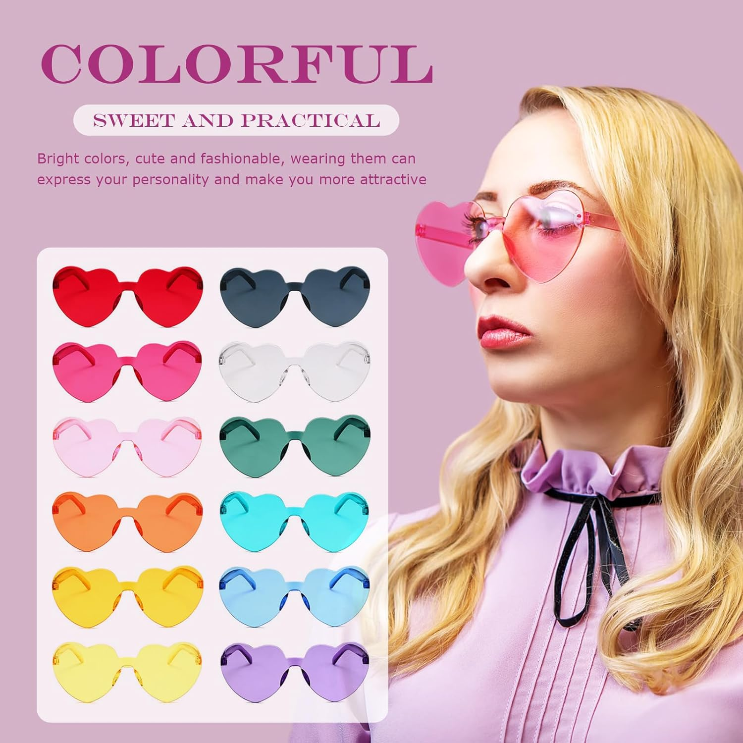 Lenamos 12 Pairs Rimless Sunglasses - Colorful Heart Frameless Sunglasses Bulk for Party Favors Women Men Decoration image number 6