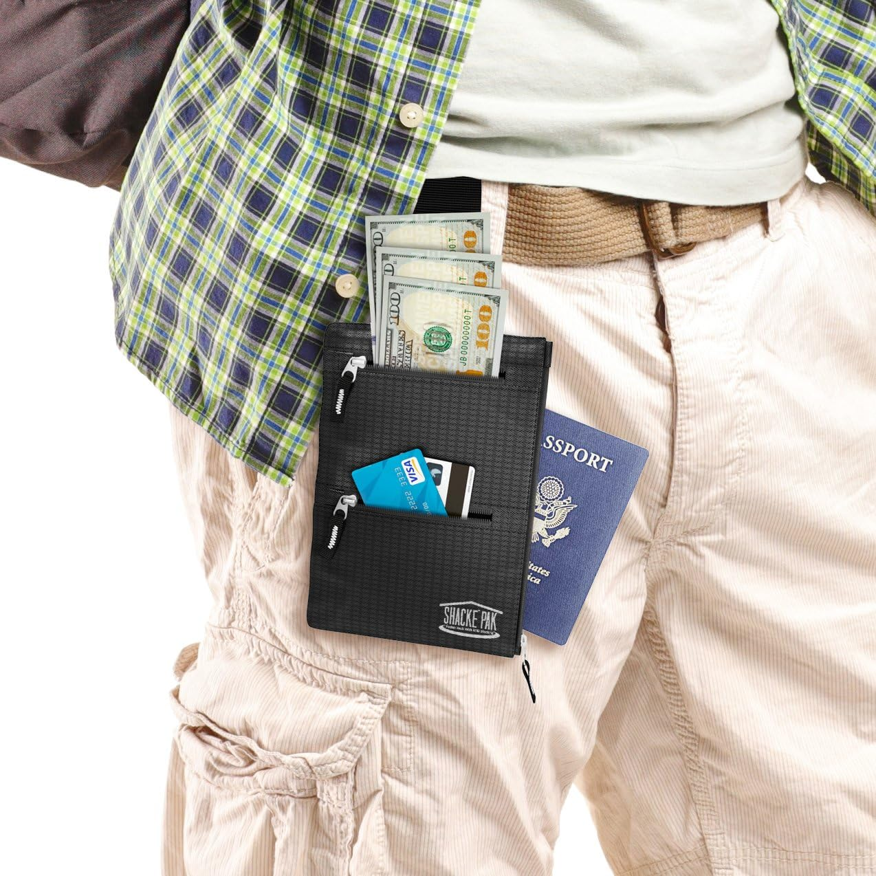 Shacke Hidden Travel Belt Wallet W/Rfid Blocker (Black with Black Strap) - Black Neck/Belt Hybrid Wallet image number 3