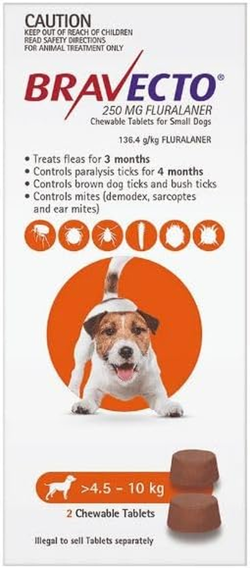 Bravecto for Small Dogs 4.5-10Kg Orange 2 Chews