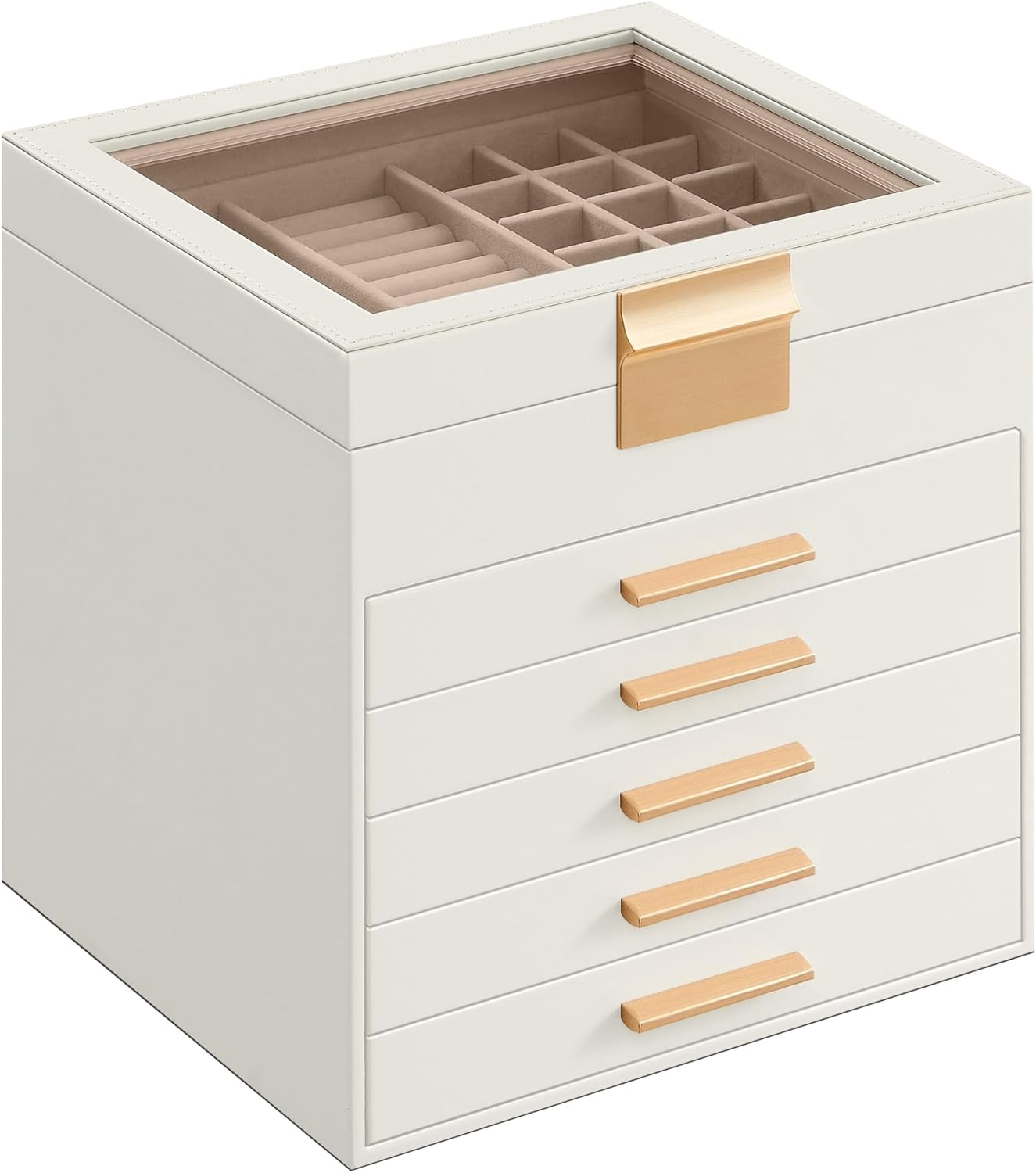 SONGMICS Jewelry Box Organizer with Glass Lid, 6-Layer Jewelry Storage, with 5 Drawers, Modern Style, 8 X 9.1 X 9 Inches, Cloud White and Gold Color JBC176W01 image number 5