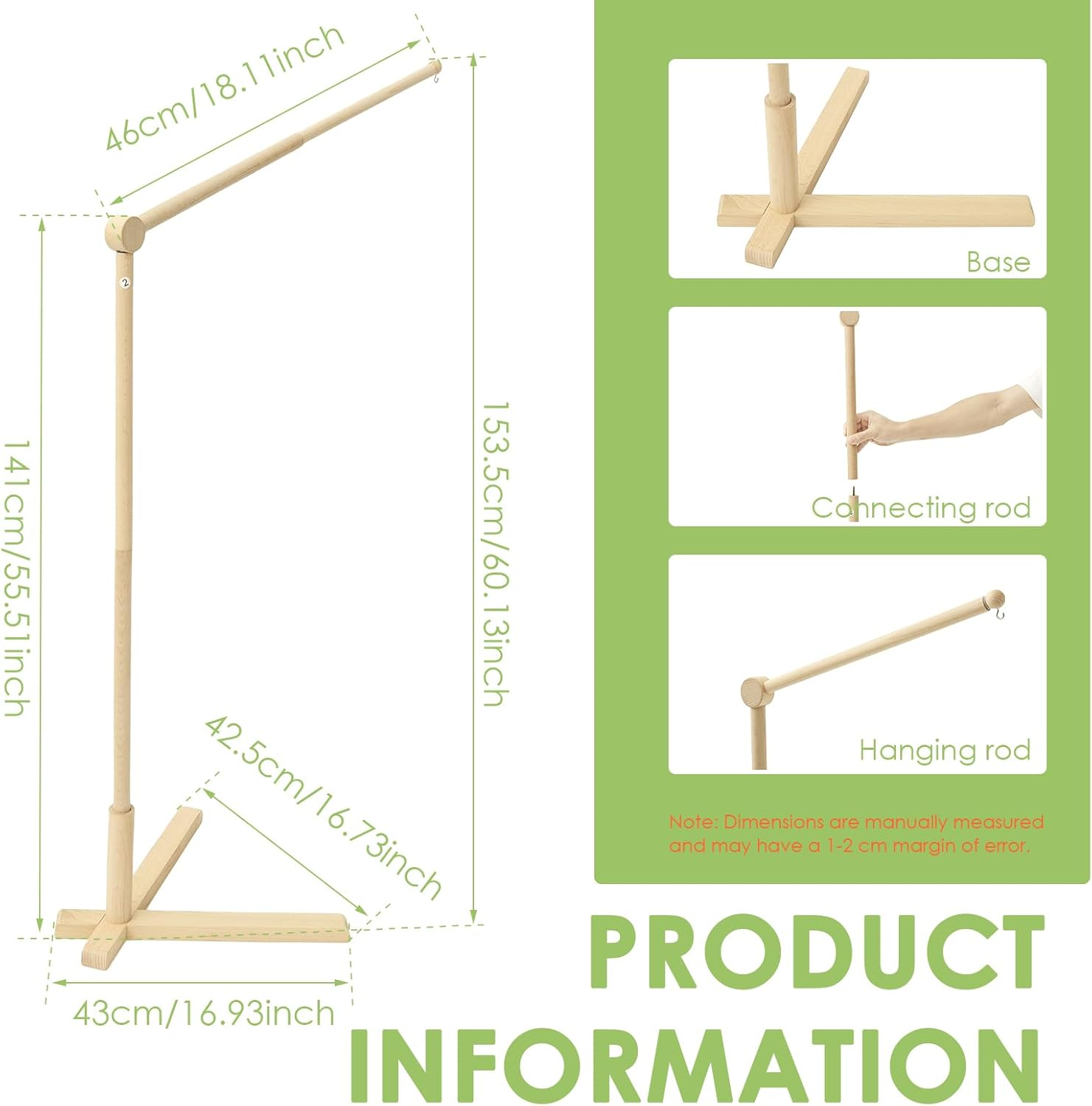Wooden Floor Standing Baby Mobile Holder, 153.5Cm Adjustable Arm for Crib, Mobile Hanger Stand for Nursery, No Drill Needed, Safe Baby Bed Toy & Decor for Newborns image number 2