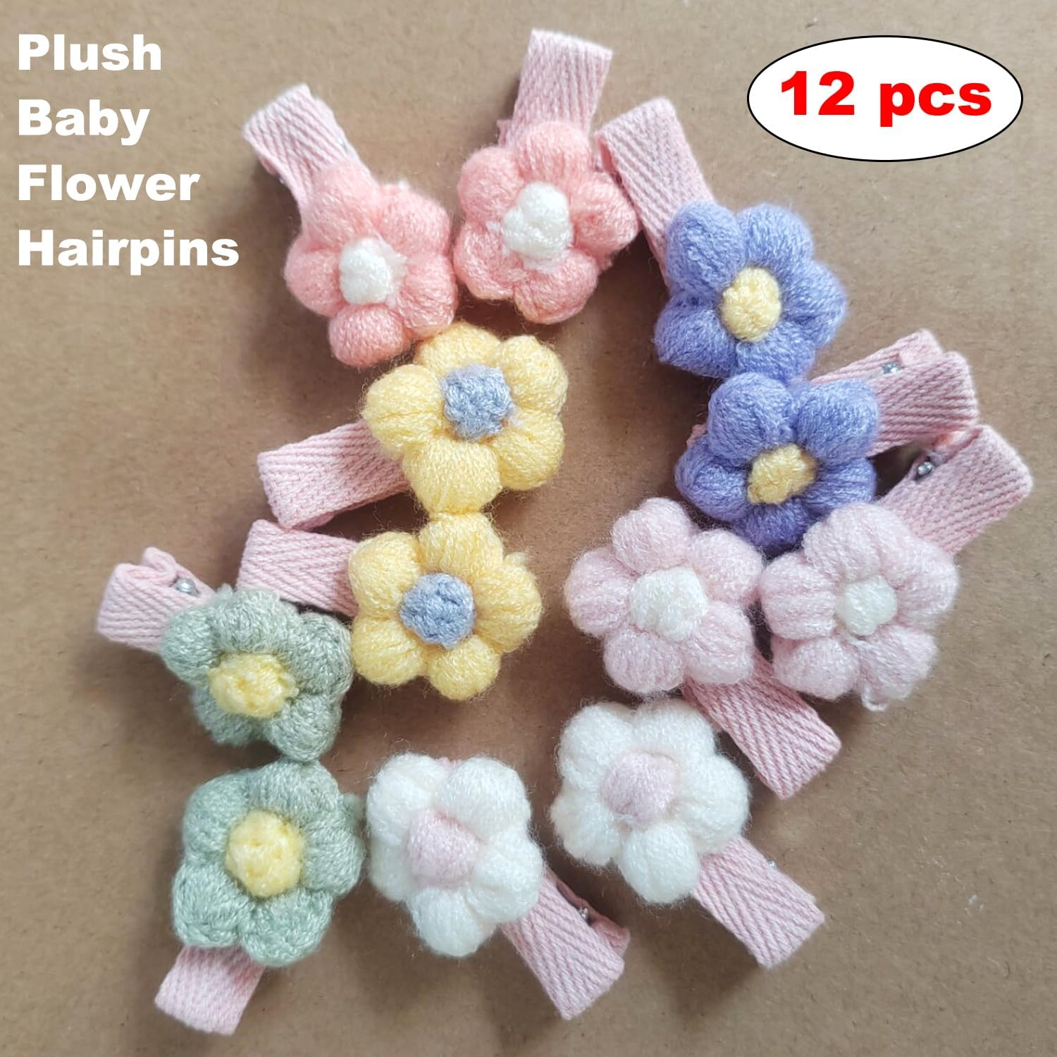 Taicols Knitted Hairpins Baby Hair Clips, 12 Pcs Plush Baby Flower Hairpins Girls Hair Clips Toddler Barrettes Fully Lined Alligator Clips Baby Girl Hair Clips for Girls Toddler Kids Children(Style 4)