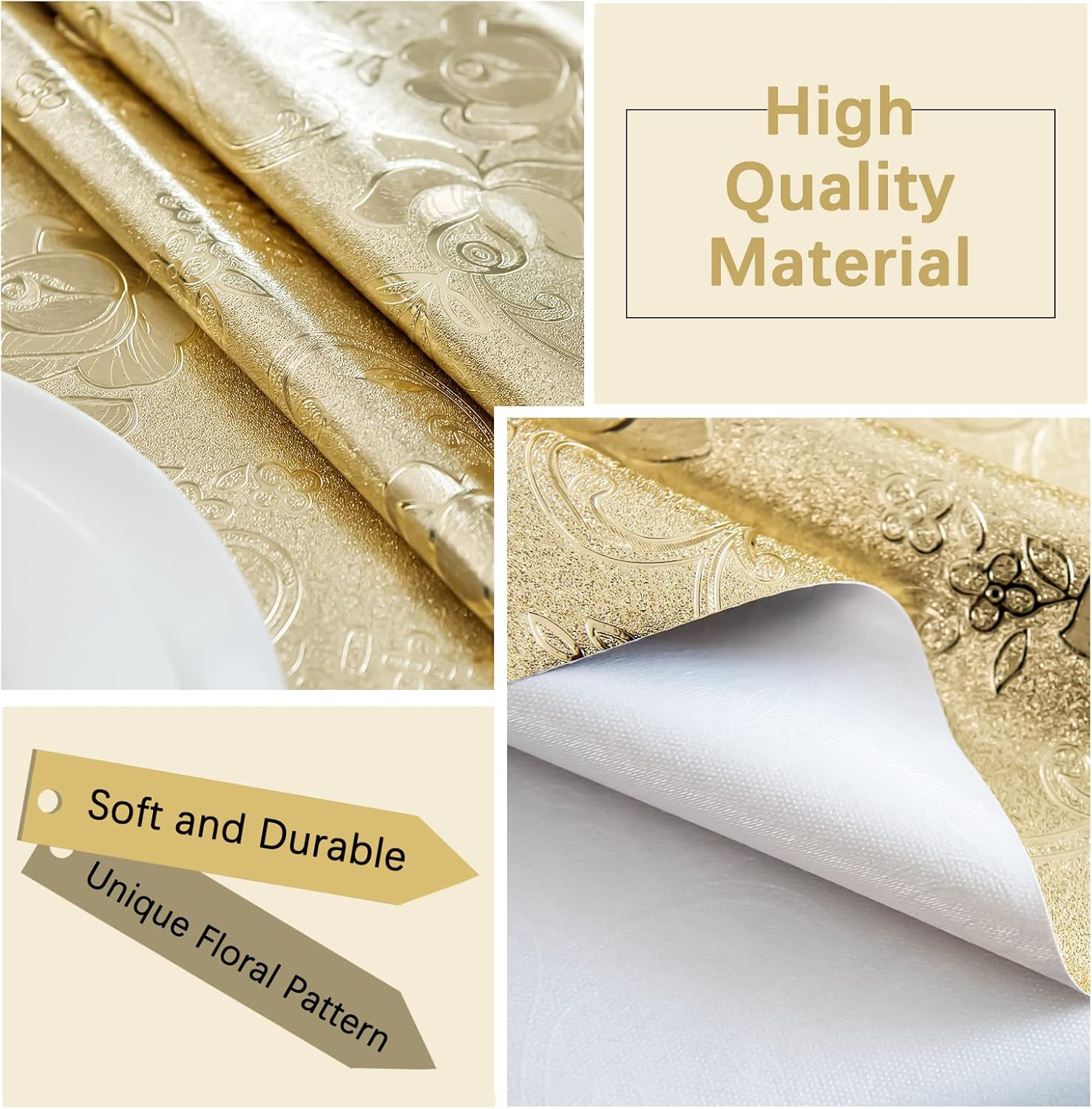 Jacquard Tablecloth, FHDUSRYO PVC Floral Pattern round Table Cloth, Waterproof Wipeable Magnolia Table Cover, Oil-Proof Table Protector for Kitchen, Dinning Room, Party (Gold, 140X140 Cm) image number 4