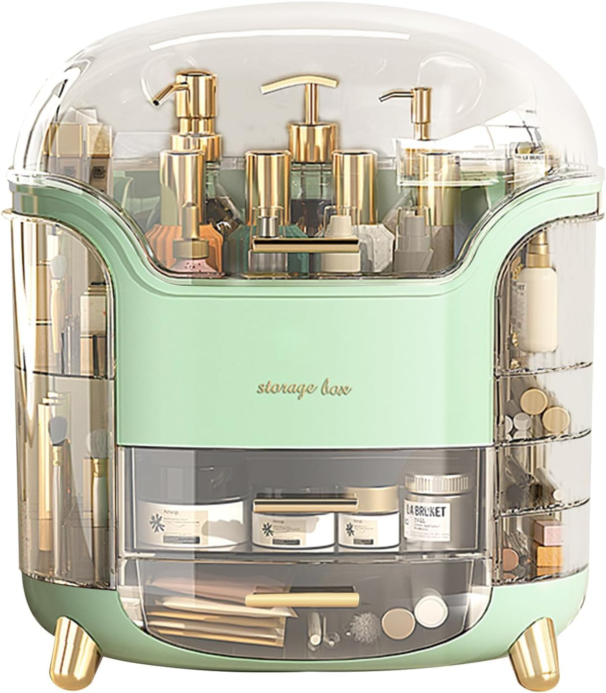 Makeup Organizer for Vanity, Portable Cosmetic Storage Box with Drawer and Transparent Lid, Dustproof and Waterproof Large Countertop Organizer Make up Holder for Bedroom, Bathroom Skincare (Green)