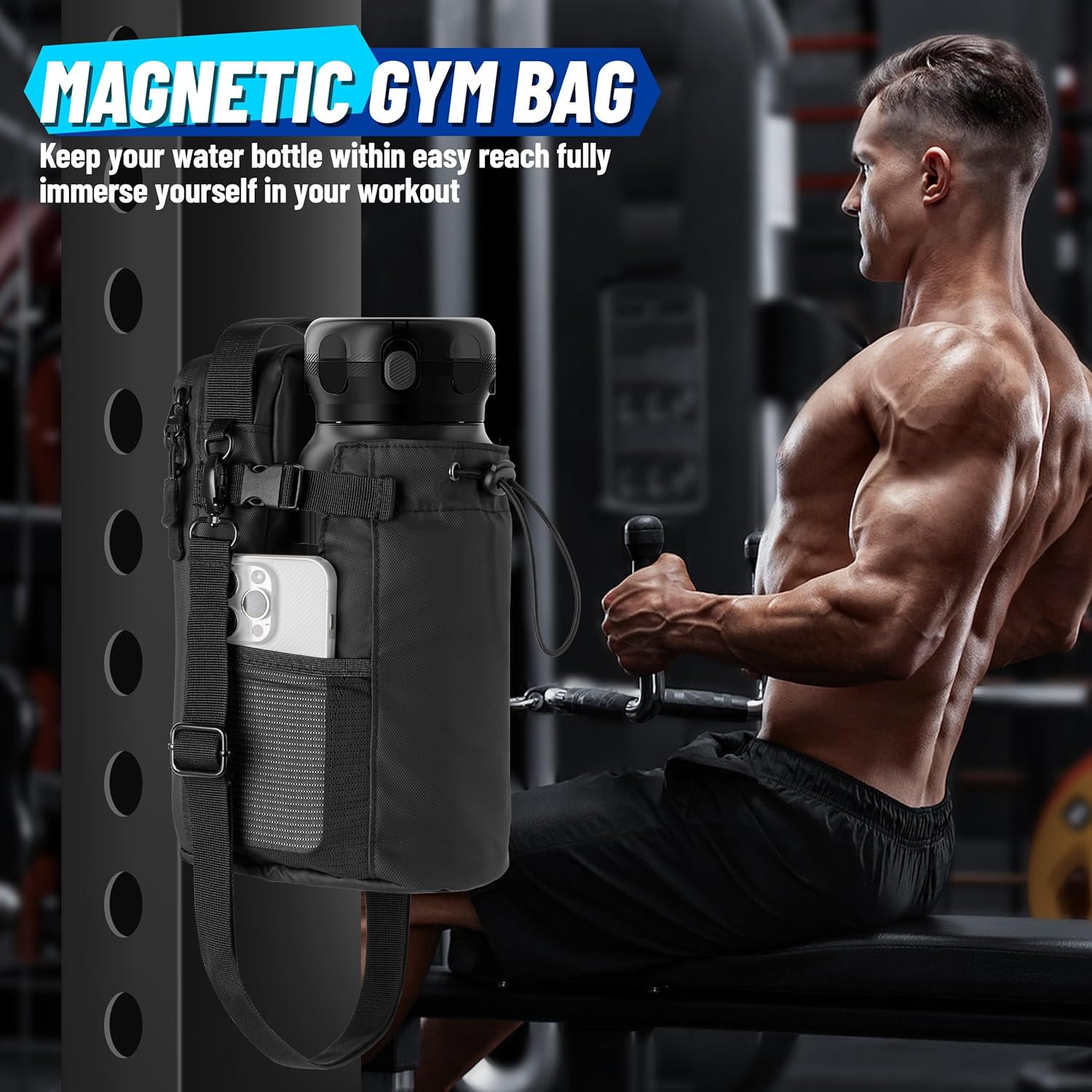Hilhook Magnetic Gym Bag, 5 Built-In Strong Magnets Gym Water Bottle Carrier Bag with Pockets & Shoulder Strap Compatible with Owala Hydro Flask Stanley, Fits 14-40Oz Bottles image number 2
