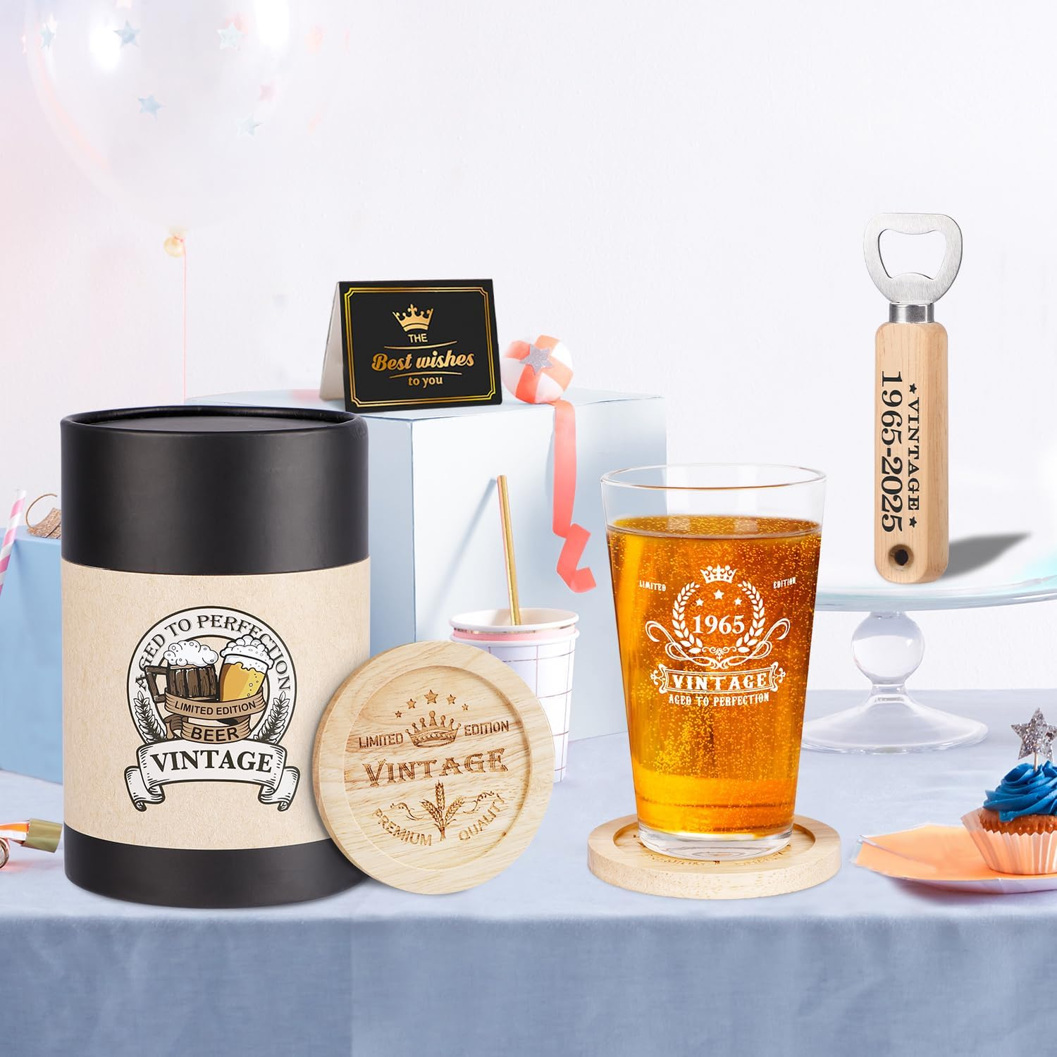 60Th Birthday Gifts for Men, Vintage 1965 Beer Glass, Wooden Bottle Opener, Vintage Beer Gift Box, Wooden Coaster and Greeting Card, 60Th Birthday Gift Ideas for Men image number 6