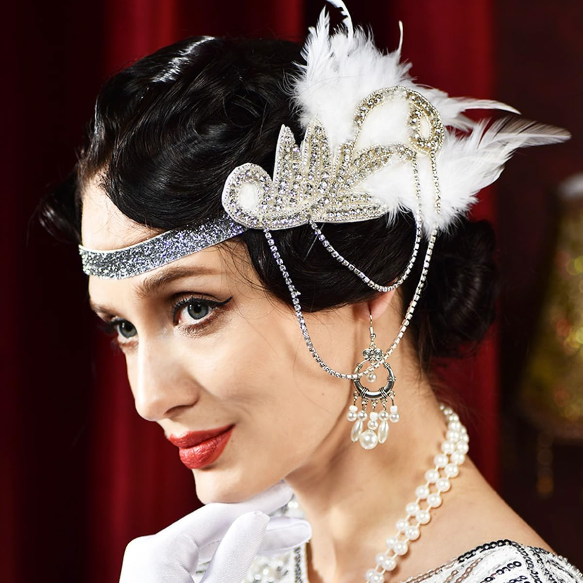 Aoozleny 1920S Feather Headwear, Musical Note Diamond Chain Headpiece, Roaring 20S Great Gatsby Headpiece Hair Accessories for Women (White) - Winered image number 4