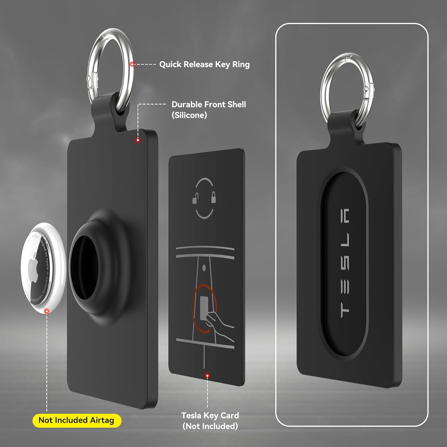 Card Holder for Tesla Keycard with Airtag, Soft Silicone Key Card Protective Case Cover for Tesla Model 3 Y S X, Key Holder with Keychain Key Rings - 2 Pack image number 2