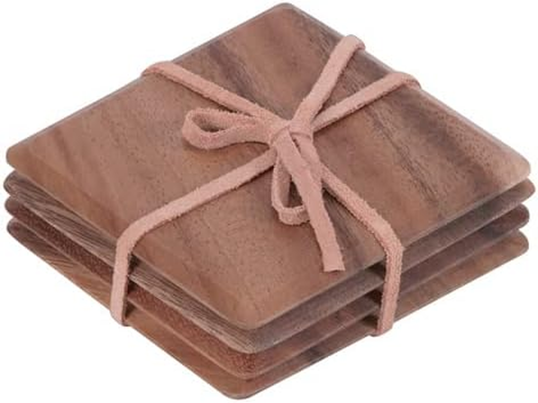 Tuscany: Coaster Set of 4 Rectangular Coasters Made of Acacia Wood with Leather Strap