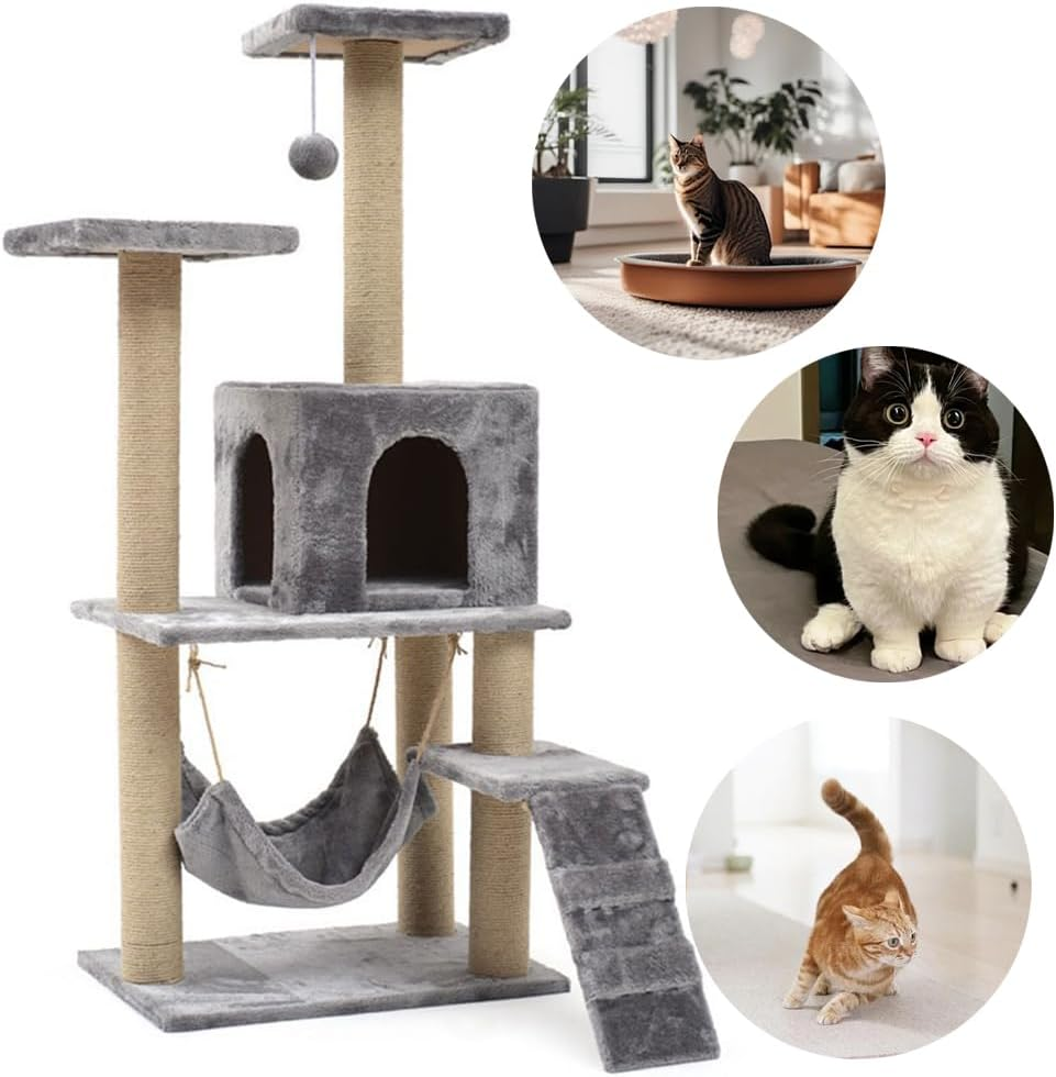 Large Multi-Level Cat Climbing Frame Condo Furniture with Sisal-Covered Scratching Posts, 1 Bigger Plush Condos, Perched Platforms and Dangling Balls, Perch Hammock for Kittens, Cats and Pets image number 5