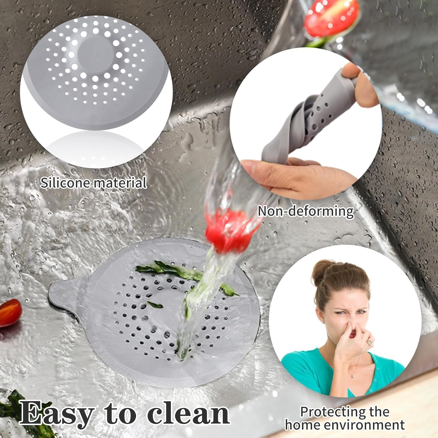 2 Pack Shower Drain Cover Hair Catcher with Suction Cups Foldable Sink Strainer Plug Trap Filter Silicone Shower Hair Trap Sink Strainer Protector for Sinks Kitchen Baths Bathtub Showers Black + Grey image number 3