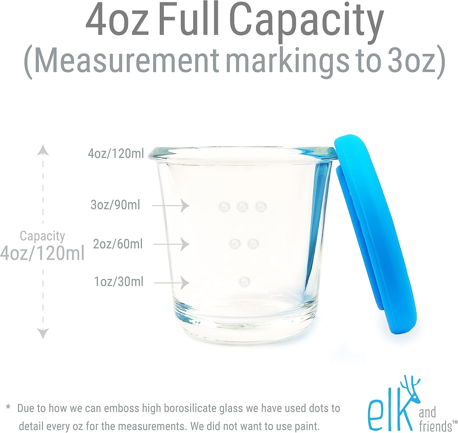 Elk and Friends 4Oz Borosilicate Glass Baby Food Storage Jars with Silicone Lid | Strong Glass |Microwave, Oven & Dishwasher Safe | Infant and Babies | 6 Pack