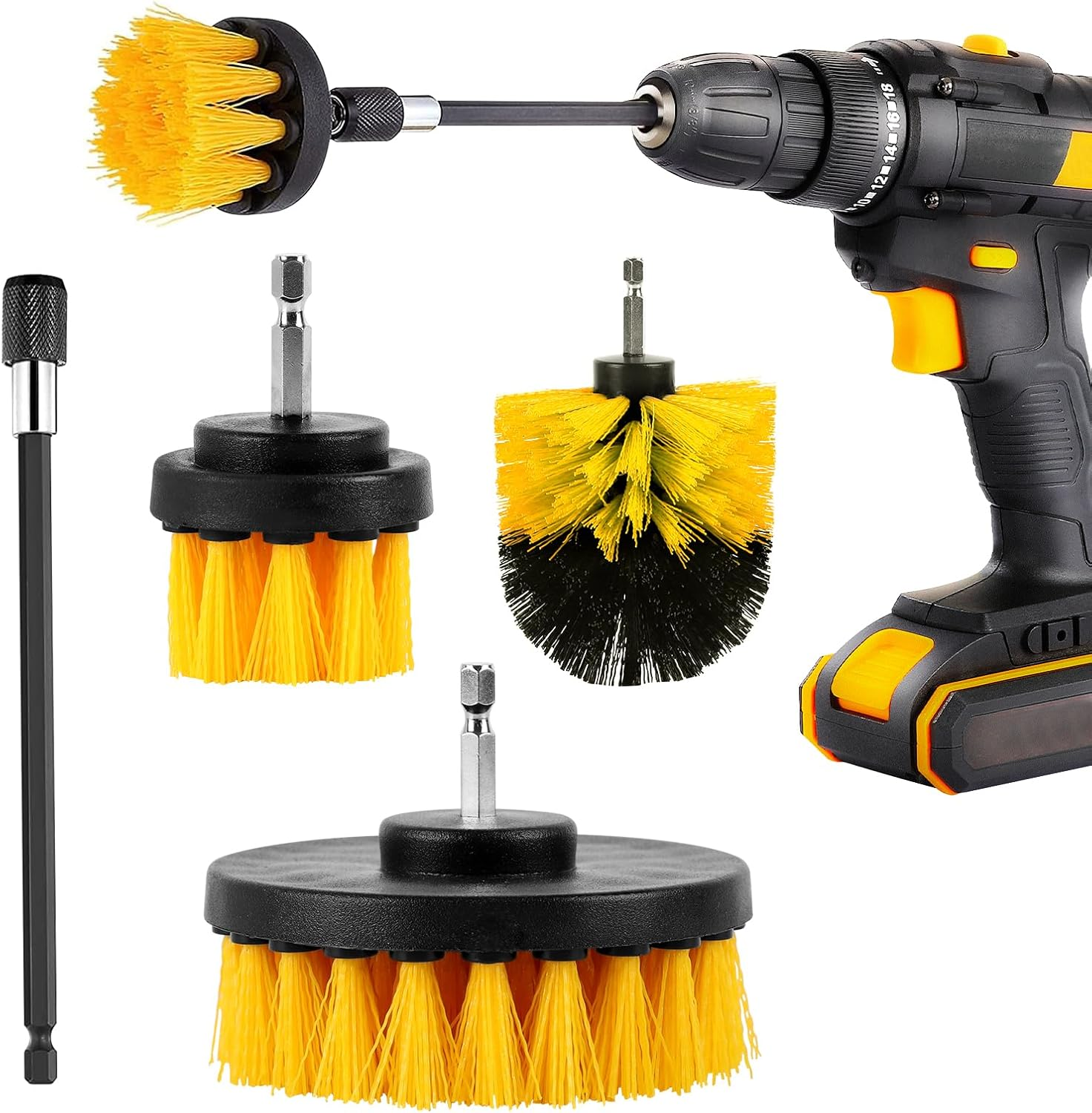 4 Piece Drill Brush Cleaning Brushes Set, Power Scrubber Cleaning Brushes Extended Long Attachment Kit, Detailing Brush Set for Car Tire, Barthroom, Floor, Grout and Tuff Stuff, Yellow image number 1
