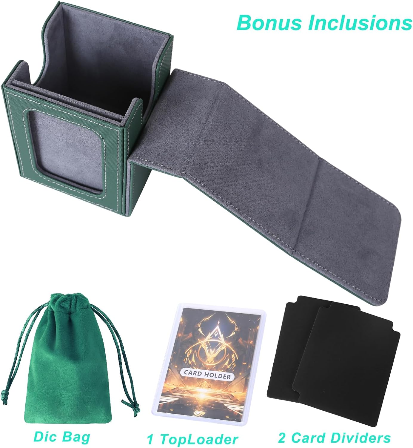 AFIING MTG Deck Box for Commander Display,Card Deck Box Fits 100 Double Sleeved Cards, Magic Commander TCG Card Storage Box with 2 Dividers,Drawstring Bag and 1 Toploader(Green/Grey) image number 2