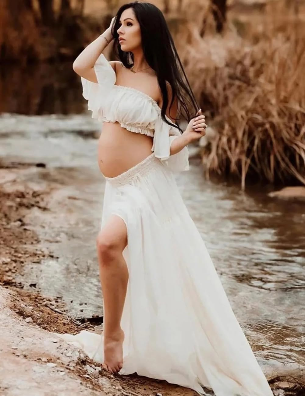 Justvh Maternity 2 Piece Outfits Dress Chiffon Tube Top Ruffle Sleeves Split Skirt for Photoshoot Baby Shower image number 2