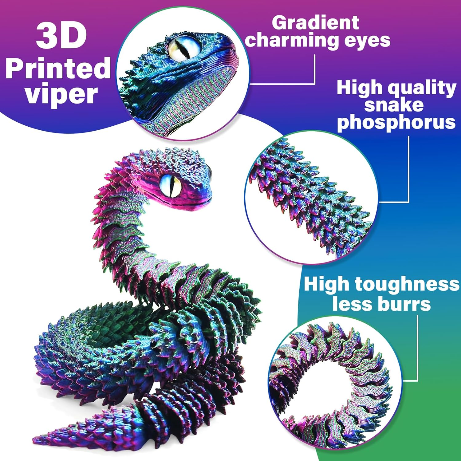 TEAONE 3D Snake Toy, 3D Printed Animal for Desktop Decor, Birthday Gift, Loot Bag Fillers (Dazzling Color, Length 30Cm/11.81In) image number 5