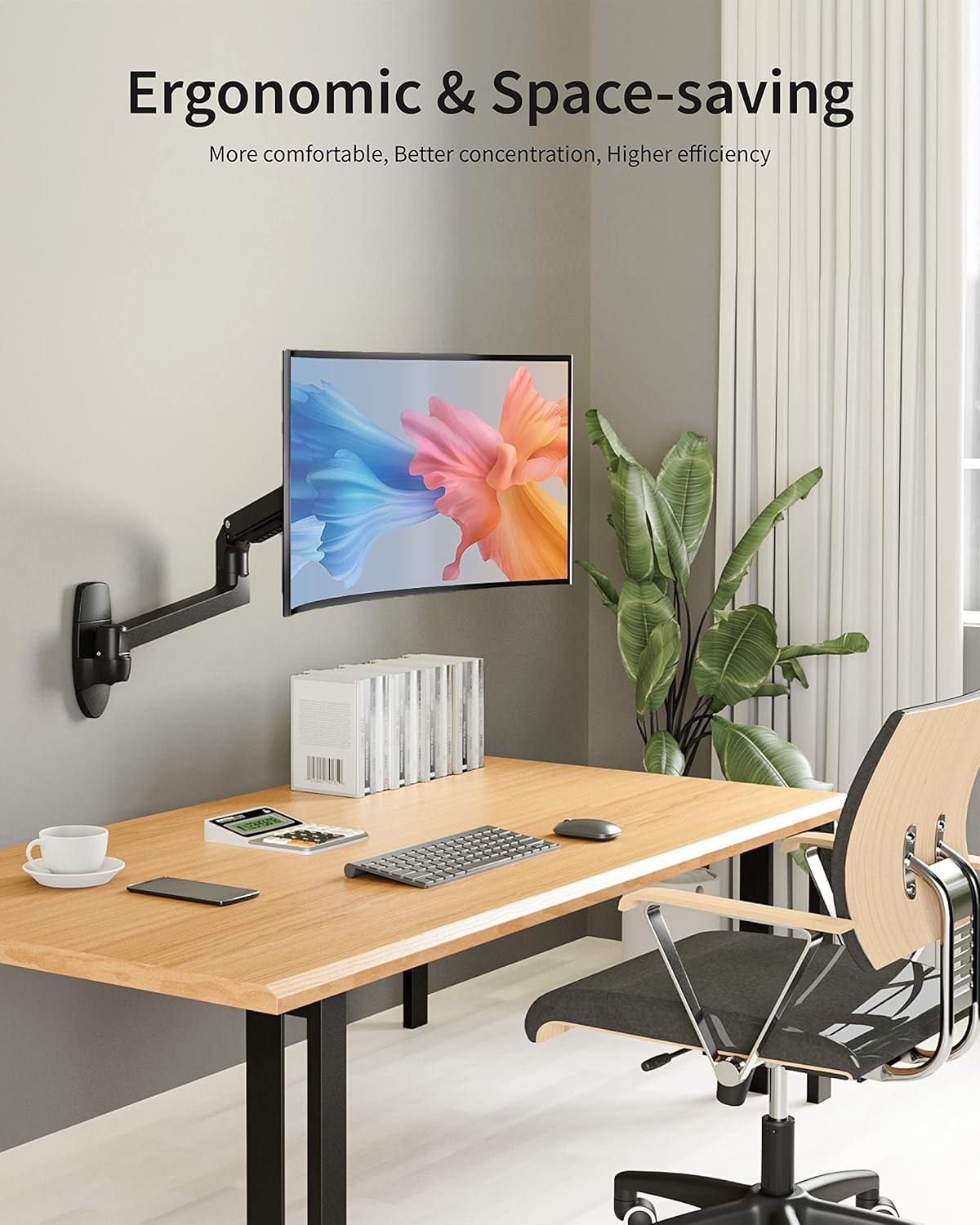 Ergounion Single Monitor Wall Mount for Flat or Curved Screens up to 38" within 25 Lbs, Full Motion Adjustable Monitor Arm with Cable Management, VESA 75X75/100X100Mm, Black image number 3