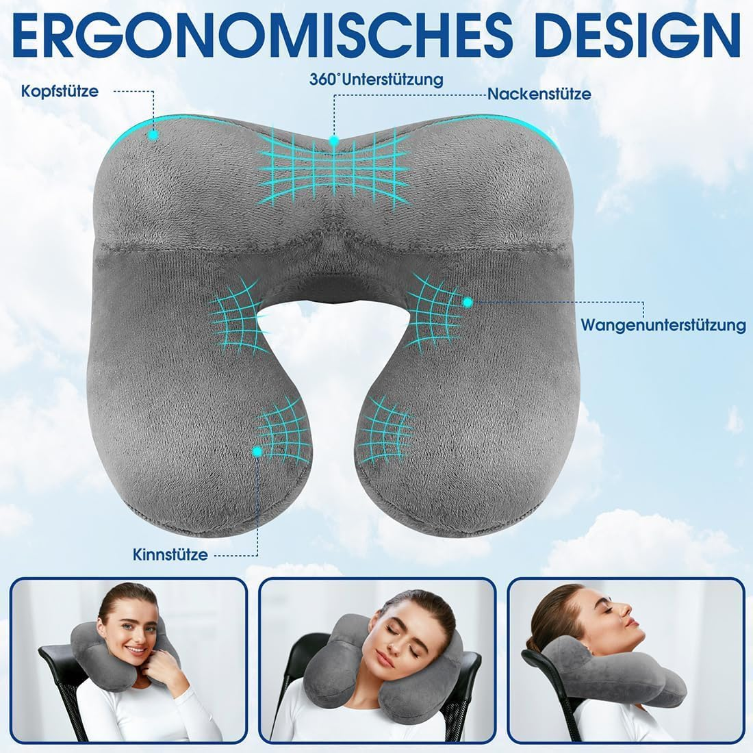 2 Pack Inflatable Travel Pillow for Airplanes Inflatable Neck Flight Pillows with Compact Bag and Blindfold for Traveling, Airplane, Train, Car, Office(Light Gray and Sky Blue)