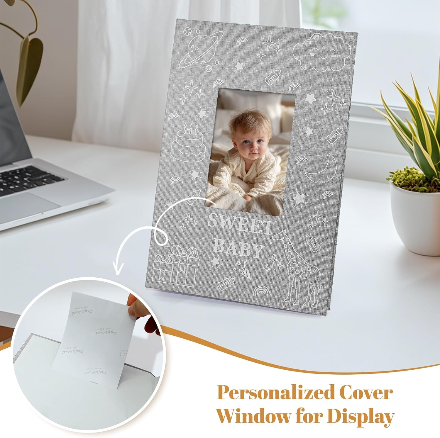 Baby Photo Album 6X4 300 Pockets with Memo Area & Hand and Footprint Kit, Linen Cover Slip-In Memory Book with Front Window, Acid-Free Keepsake for Newborn Boy Girl, First Year Moments - Beige image number 5