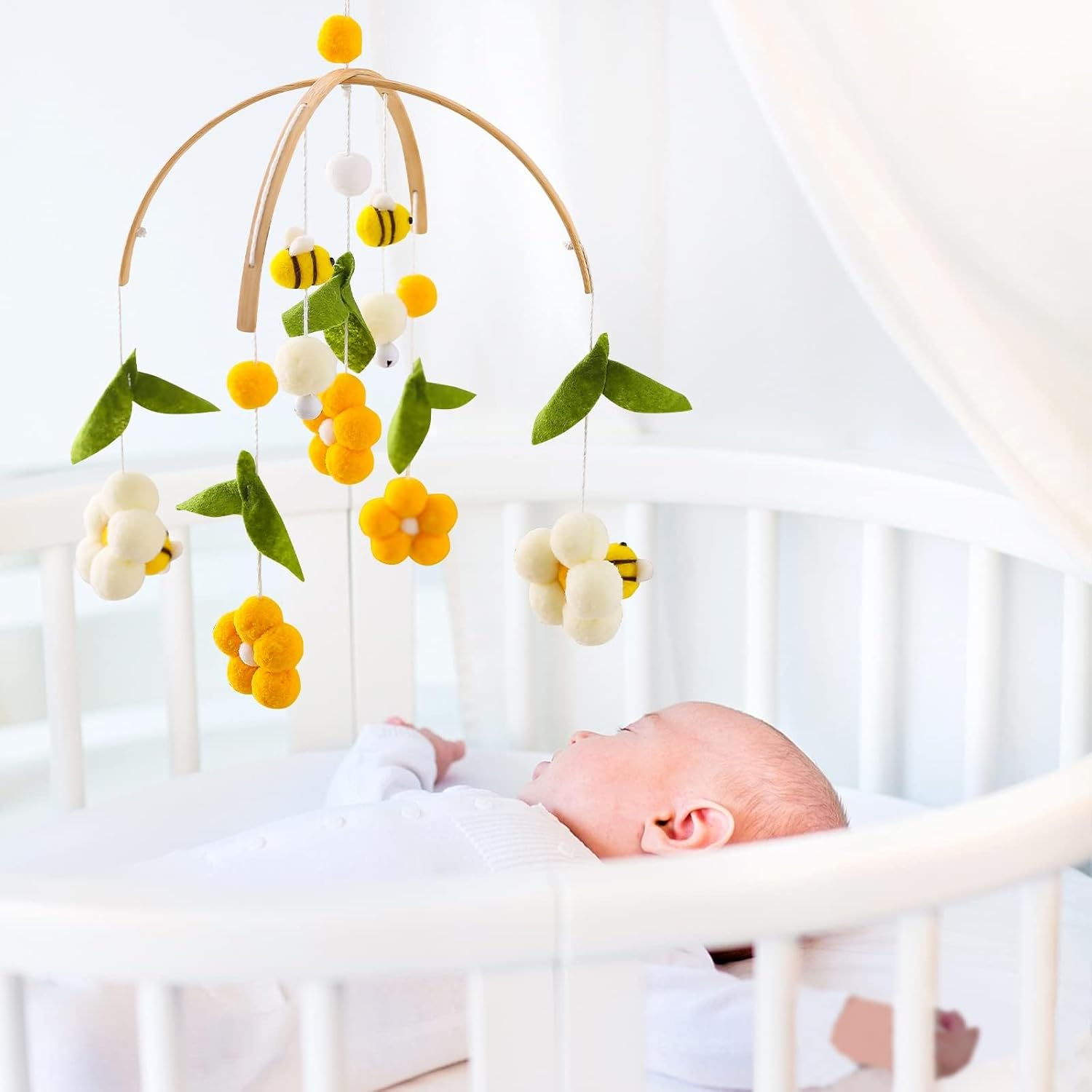 IEATFO Baby Mobile for Crib Crib Nursery Mobile for Boys Girls Boho Bee Flower Nursery Decor Soothe Toy Baby Shower Set for Infant Bedroom Hanging Decoration Toy(Bee) image number 3