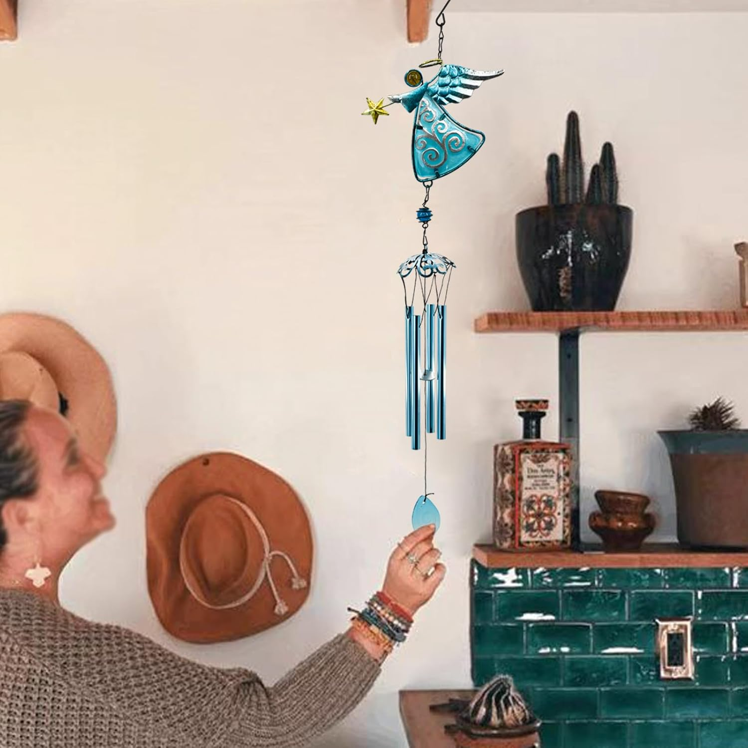 Mrmrkura Angel Wind Chimes for Outside, Metal Wind Chimes with Tubes for Home Garden Decoration Christmas Hanging Ornament Wind Bell Gifts for Mom (Blue) image number 1