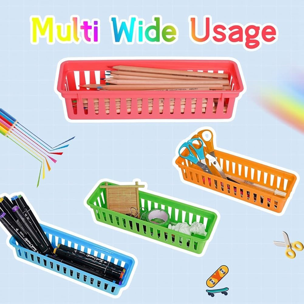 Veumoie 12 Pack Pencil Organizer Basket Trays, Rainbow Colors Desk Storage for Kids, Classroom Supply Holders for School image number 5