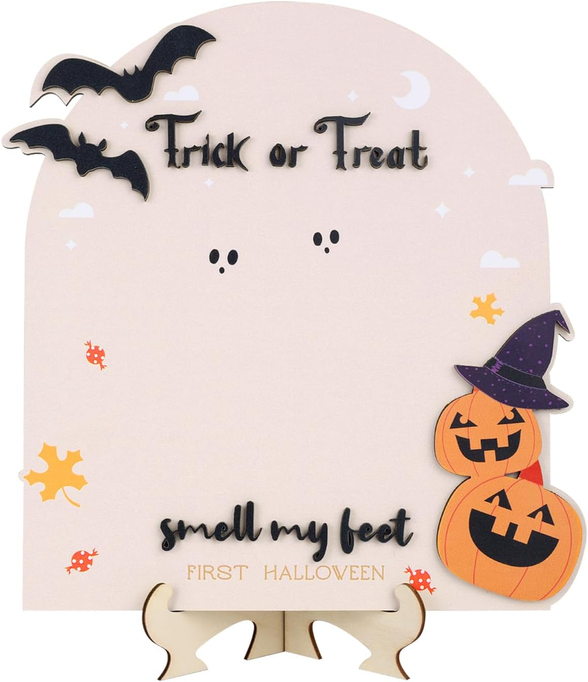 Baby'S First Halloween Footprint Wooden Milestone Card, Trick-Or-Treat Baby Footprint Sign Cute Pumpkin Decorative Halloween Keepsake DIY Craft Art Nursery Decorations image number 1