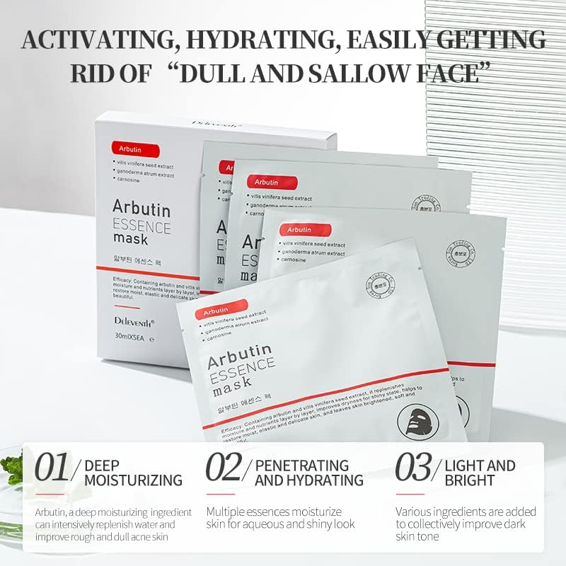 Deleventh Korea &Alpha;-Arbutin Essence Facial Mask 30Ml&times;5Pcs / Anti-Wrinkle, Moisturizing, and Balancing Skin Moisture and Oil for Elastic and Tender Skin, Reduce Rough Dry Lines and Remove Blackheads image number 1