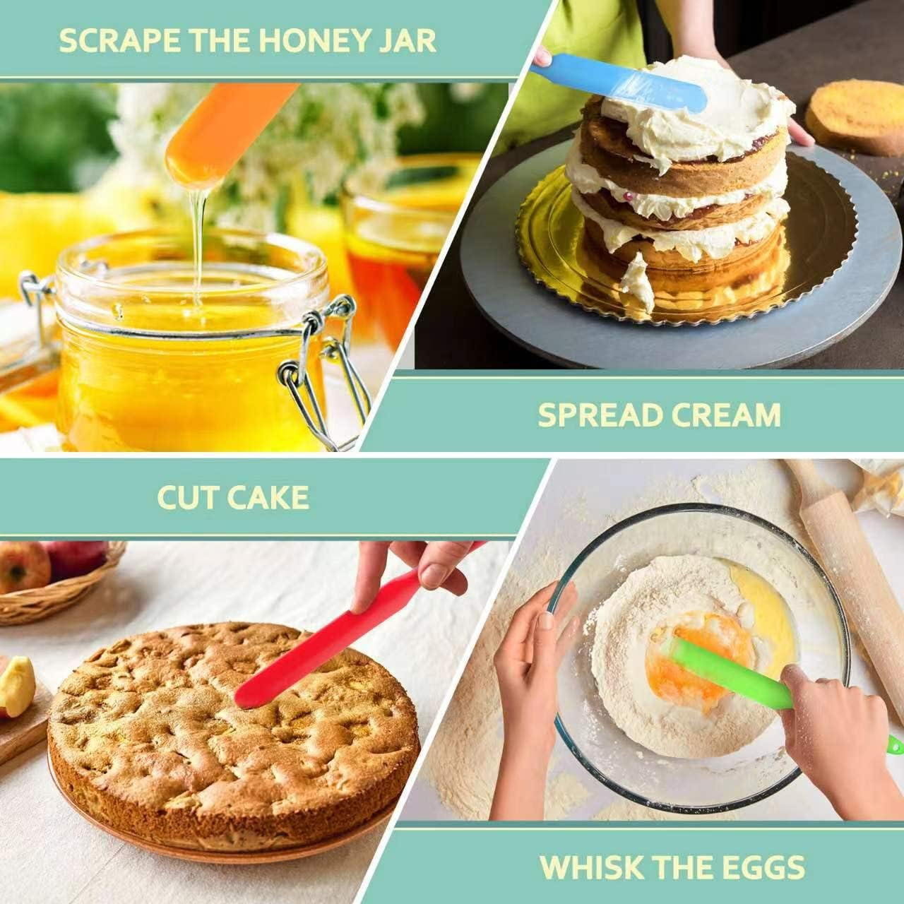 5Pcs Silicone Jar Spatulas - Cake Cream Spatulas Set, 9.8 Inch Non-Stick Heat Resistant Mixing Butter Spatulas Baking Scrapers for Jars Blenders Cooking Stirring (5 Color) image number 3