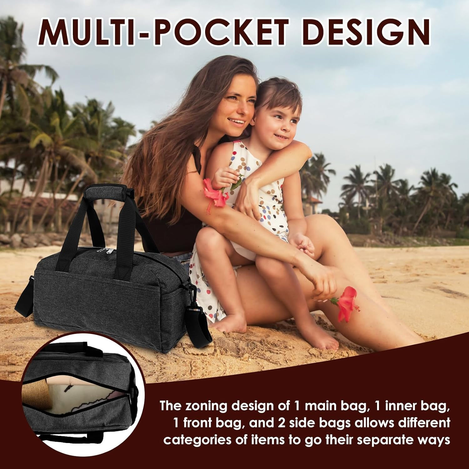 Polyester Small Gym Bag, Sport Duffle Bag Multiple Pocket Mini Luggage Bags with Shoulder Strap Easy to Access Small Gym Handbag for Fitness Workout, Travel, Dance, Ballet, Swim(Grey) image number 5