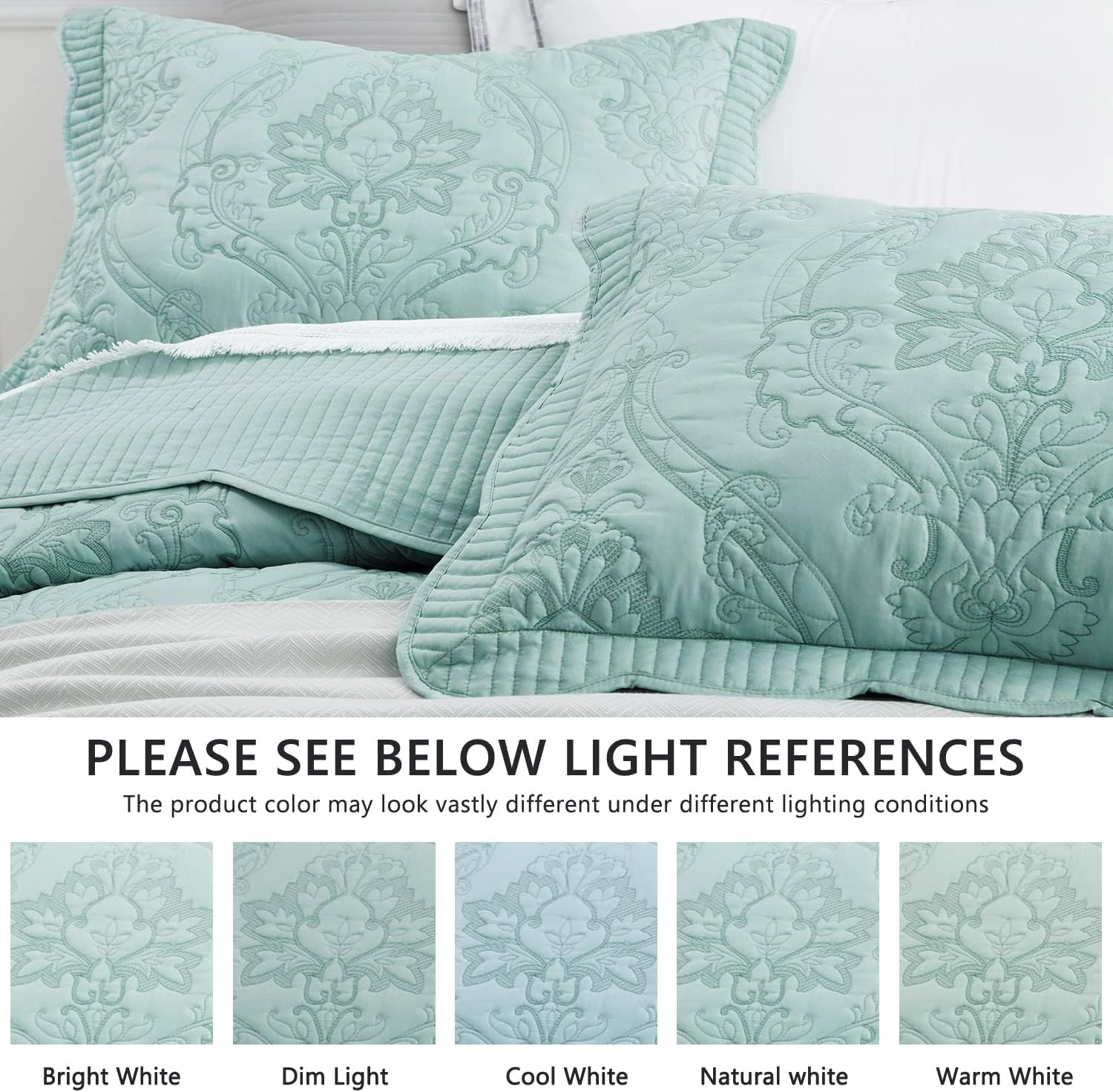 CHIXIN Oversized King Bedspread 128X120 Extra Wide - Lightweight Bedding Cover - Beautiful Stitching - 4 Piece Reversible Bedspread - Gorgeous Damask Paisley Pattern (King/Cal King, Seaglass) image number 2