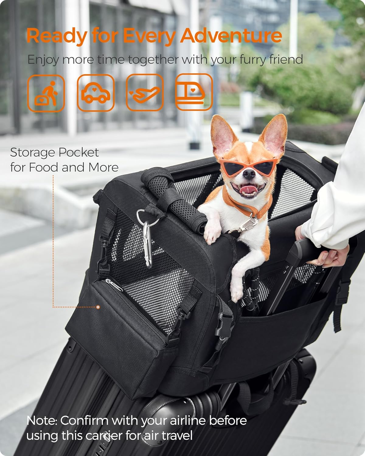 Feandrea Airline Approved Small Dog Carrier, Collapsible Pet Travel Carrier, Size S, with Metal Frame, Leash, Pocket, for Cats and Small Dogs up to 13 Lb, 17 X 12 X 12 Inches, Classic Black UPDC004B01 image number 6