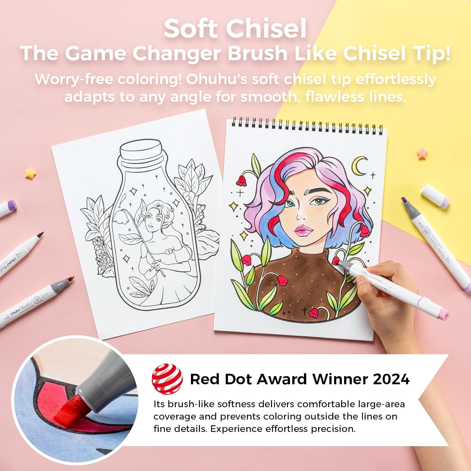 Ohuhu Alcohol Markers Brush Tip: Brush& Soft Chisel 60 Illustration Colors Dual Tips Alcohol-Based Art Marker Set for Artist Adults Coloring Illustrations- Honolulu S- Refillable image number 4