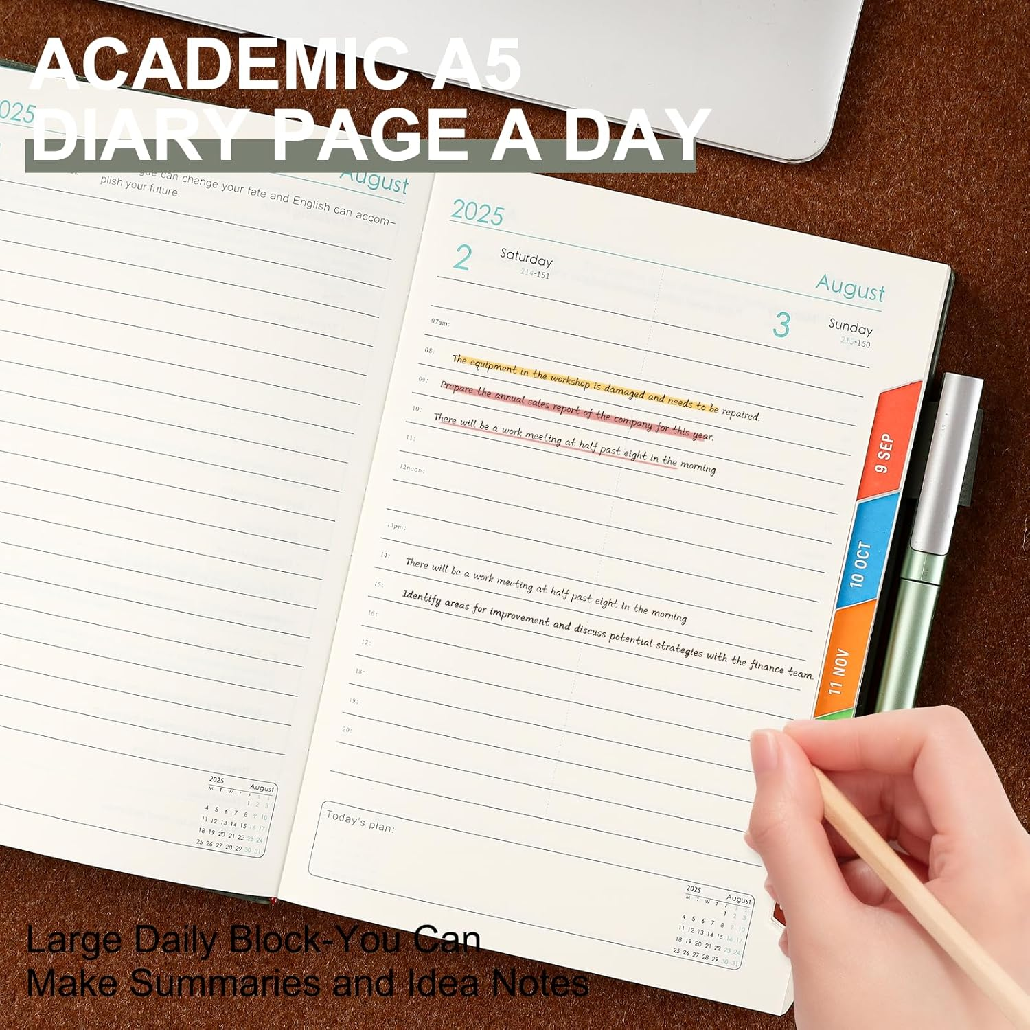 2025-2026 Diary A5 Page a Day,Diary 2025-2026 from Aug to Aug,13Months Planner 2025-2026,Hardcover Daily Planner with Colorful Monthly Tabs,Pen,Pen Loop, Inner Pocket, Bookmarks (Green) image number 1