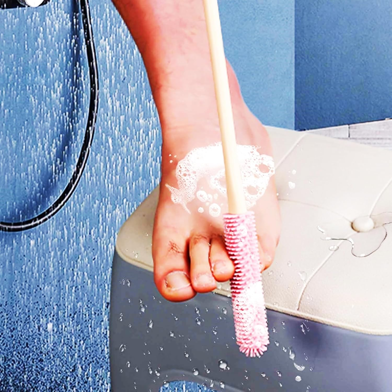 Toe Gap Cleaning Brush,Long Handle Silicone Toe Cleaning Brush Set, 40Cm Pink Dual-Sided Exfoliating and Bristle Design, 2-Piece Foot Care Kit with Wall Mount image number 4