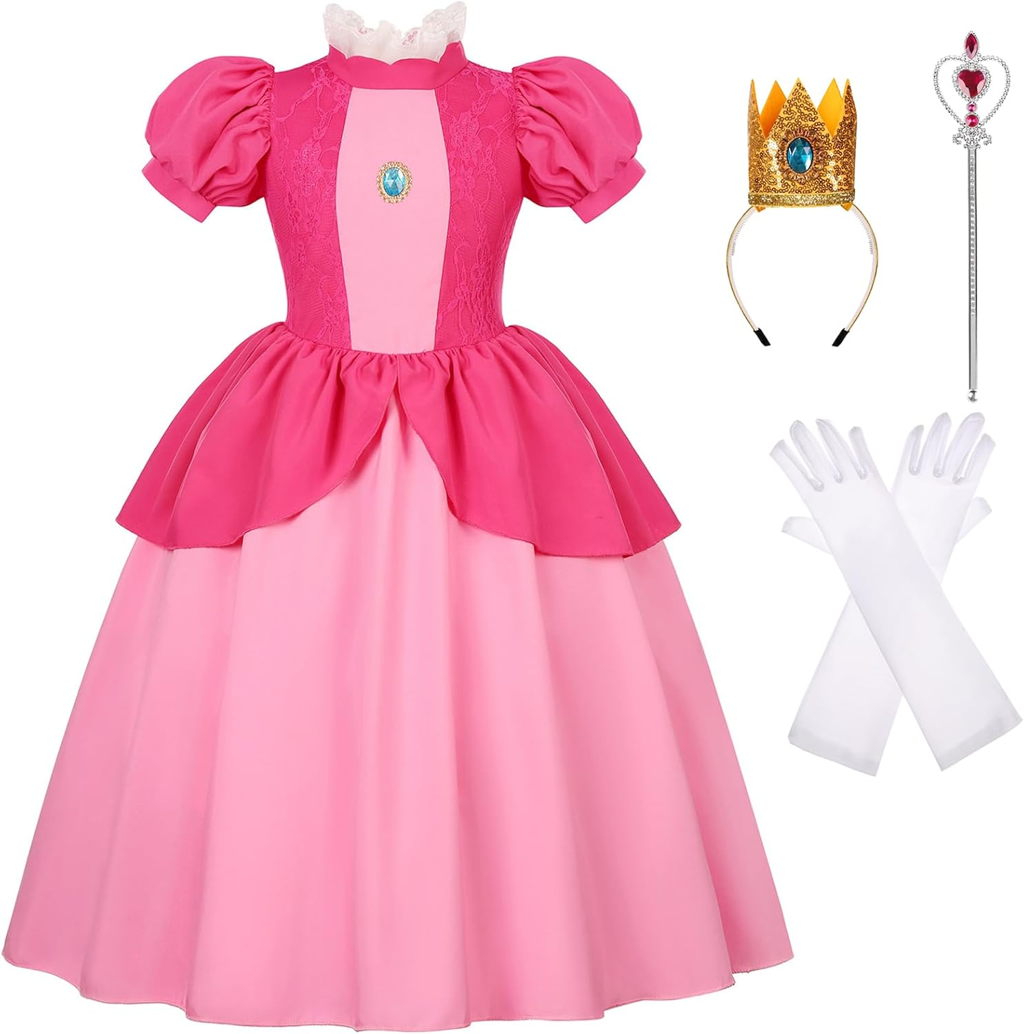 Girls Princess Dress Peach Costume Super Bros Kids LED Light up Princess Dress for Deluxe Halloween Party Dress Up image number 4