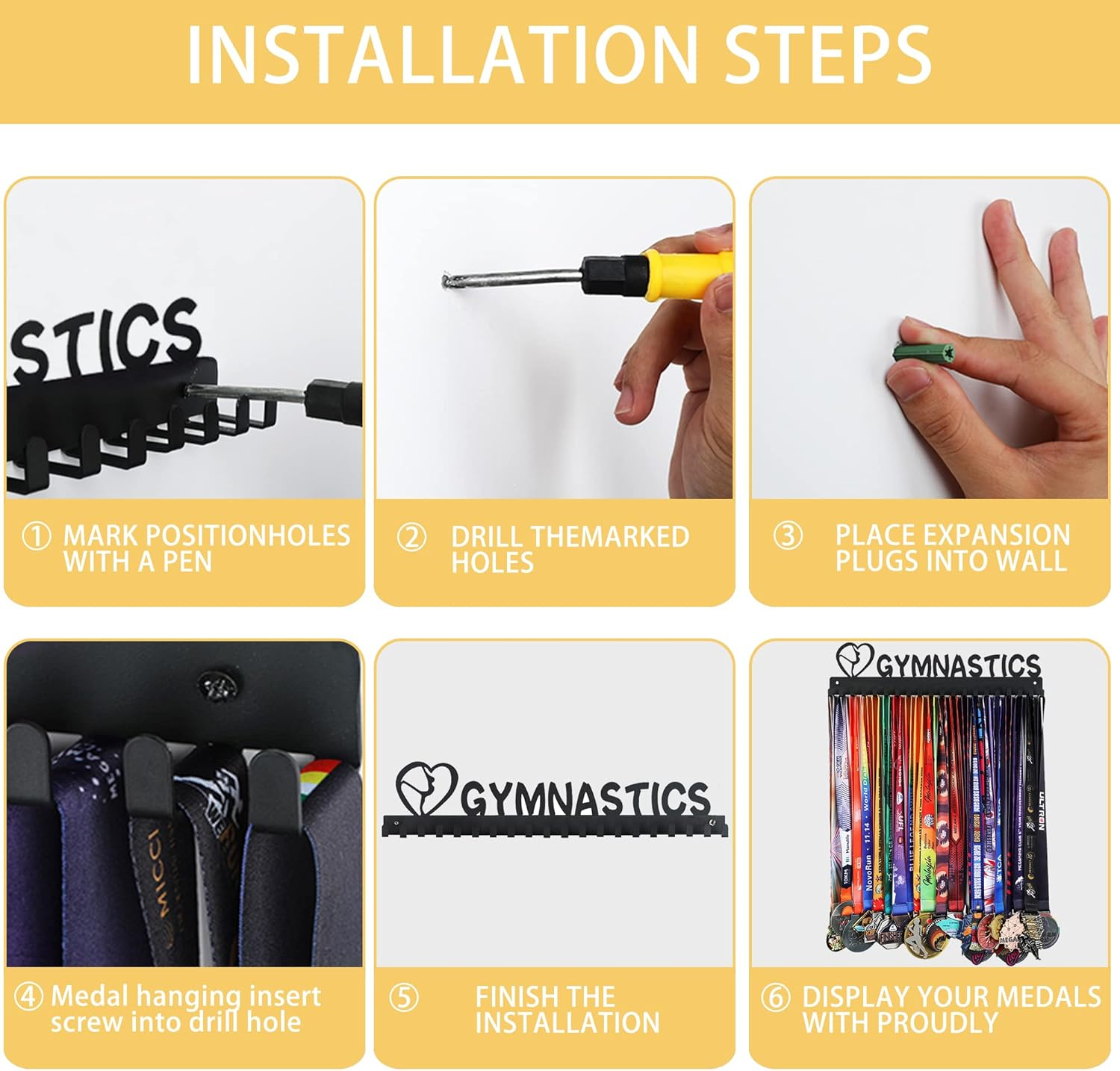 Goutoports Medal Holder Display Hanger - Personalized Medal Wall Hanger for Sport Race Runner Sturdy Black Steel Metal over 60 Medals Easy to Install (06 Gymnastics)