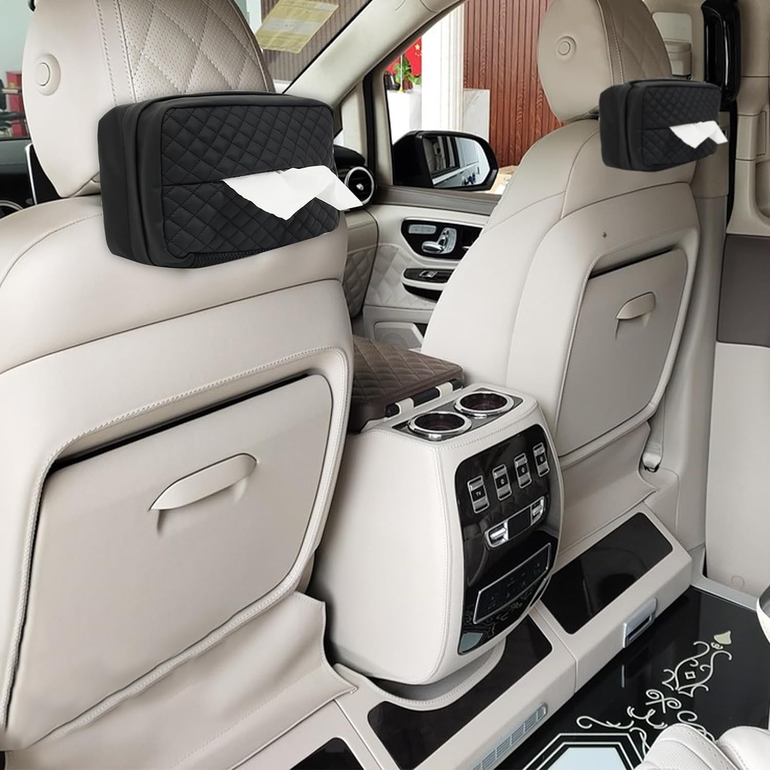 Large Car Tissue Holder, Car Napkin Holder Fit 120 Standard Size Tissue Box - Facial Napkin Container for Auto Headrest, Automobile Paper Towel Dispenser Better for Standard Size Towel Boxes - Black image number 1