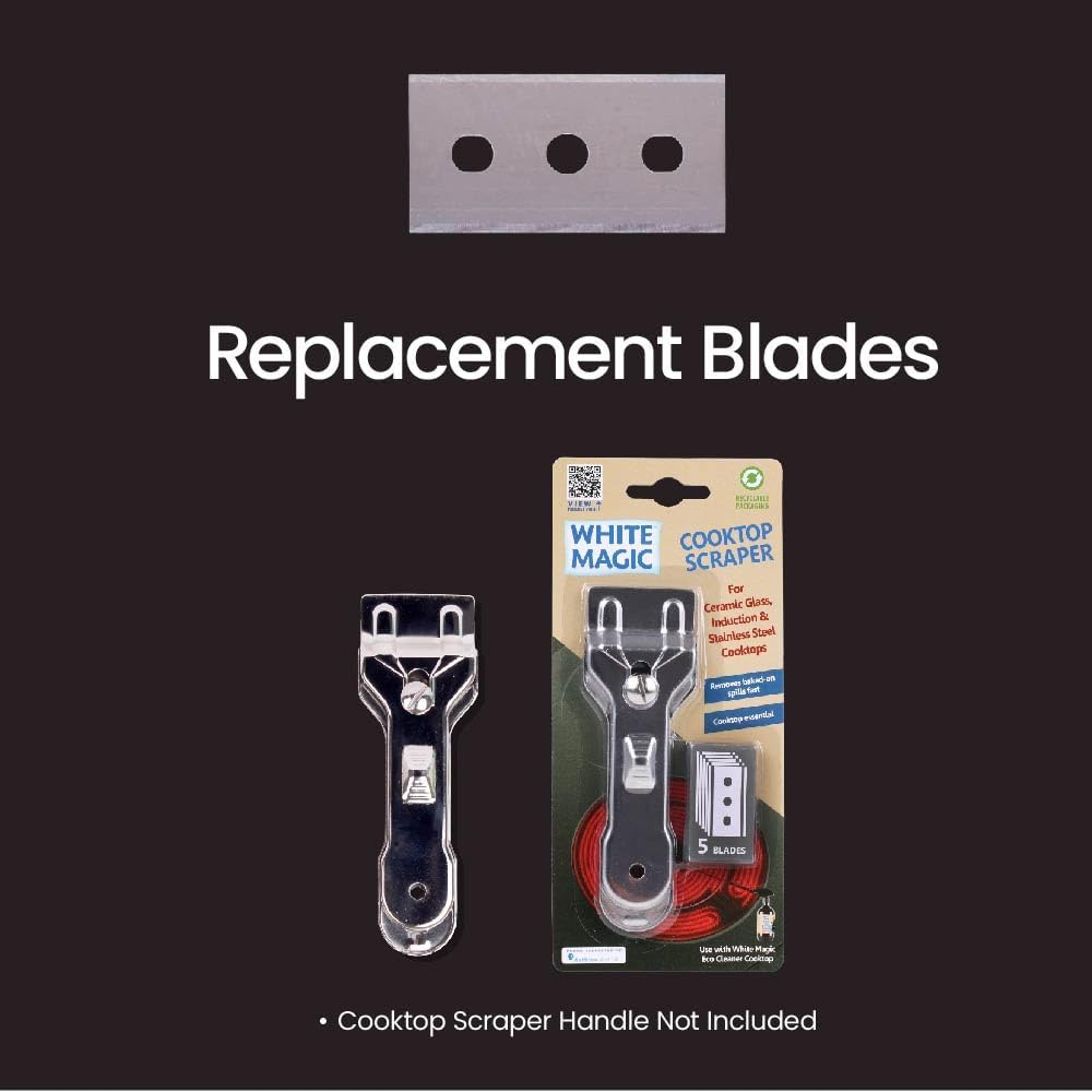 White Magic Cooktop Scraper Blade Refill 5 Pack, Replacement for White Magic Cooktop Scraper, 5 Replacement Steel Blades, Ideal for Ceramic Glass, Induction & Stainless Steel Cooktops