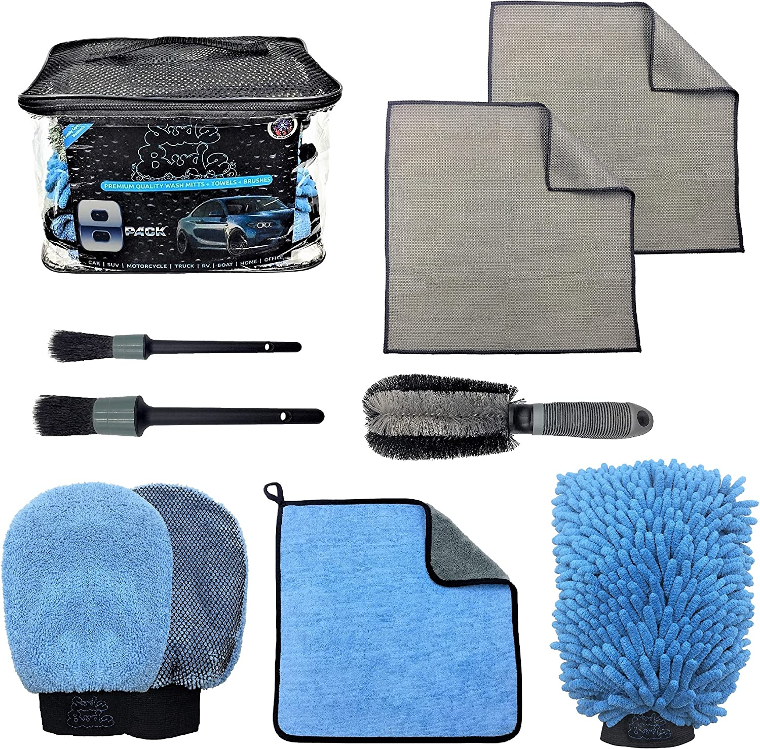 Premium Microfibre Car Wash Kit 8Pcs | Multipurpose Car Wash Mitts, Microfibre Towels Set, Wheel Brush, Detailing Brushes Set. Cleaning Kit for Exterior Washing, Interior Cleaning image number 6