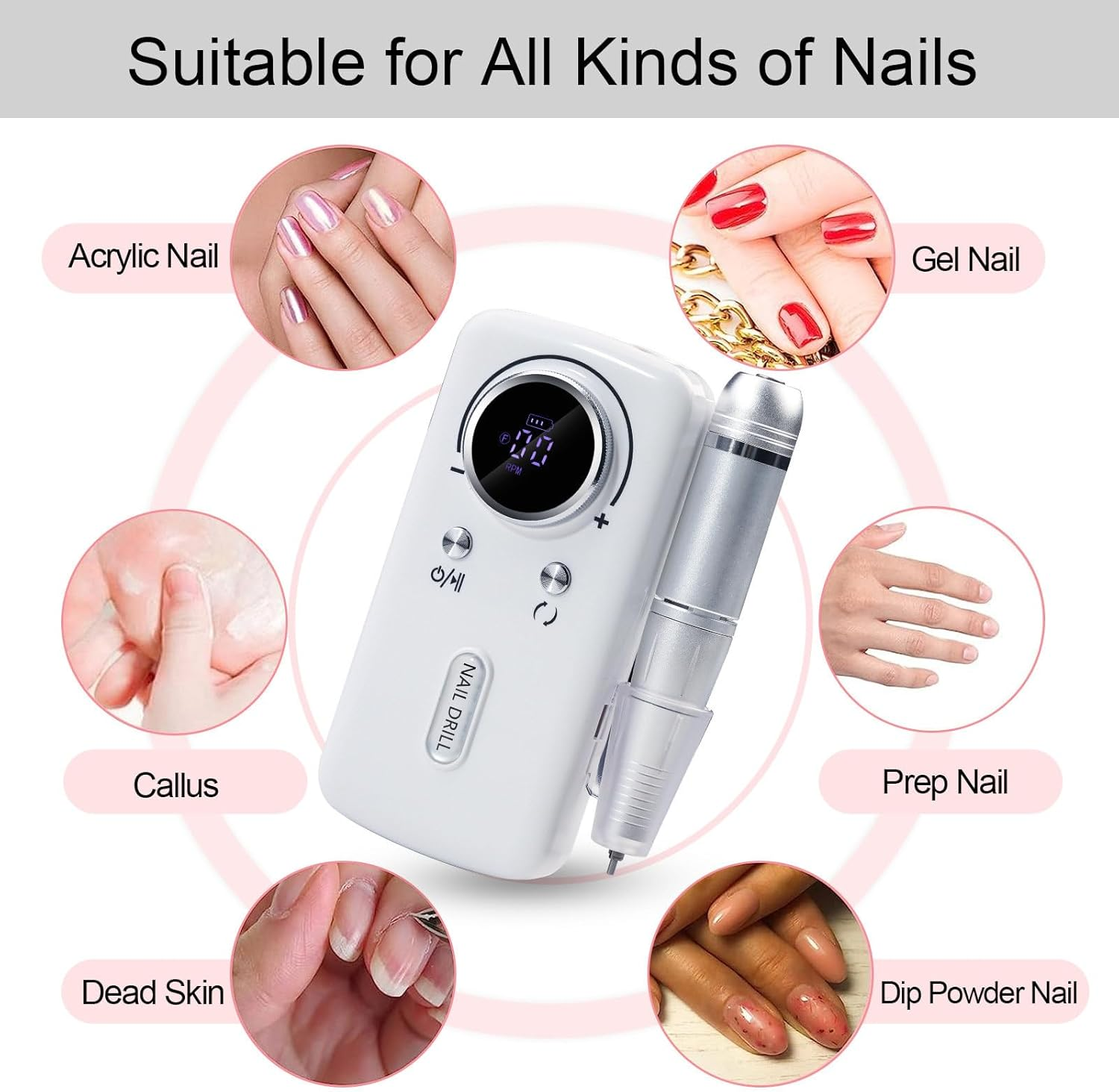 Bouzaak Professional Portable Nail Drill Kit - 45000 RPM Rechargeable Electric Nail File with 6 Bits, Cordless Low Noise for Acrylic Gel Nails, Manicure & Pedicure for Salon Home (White) image number 3