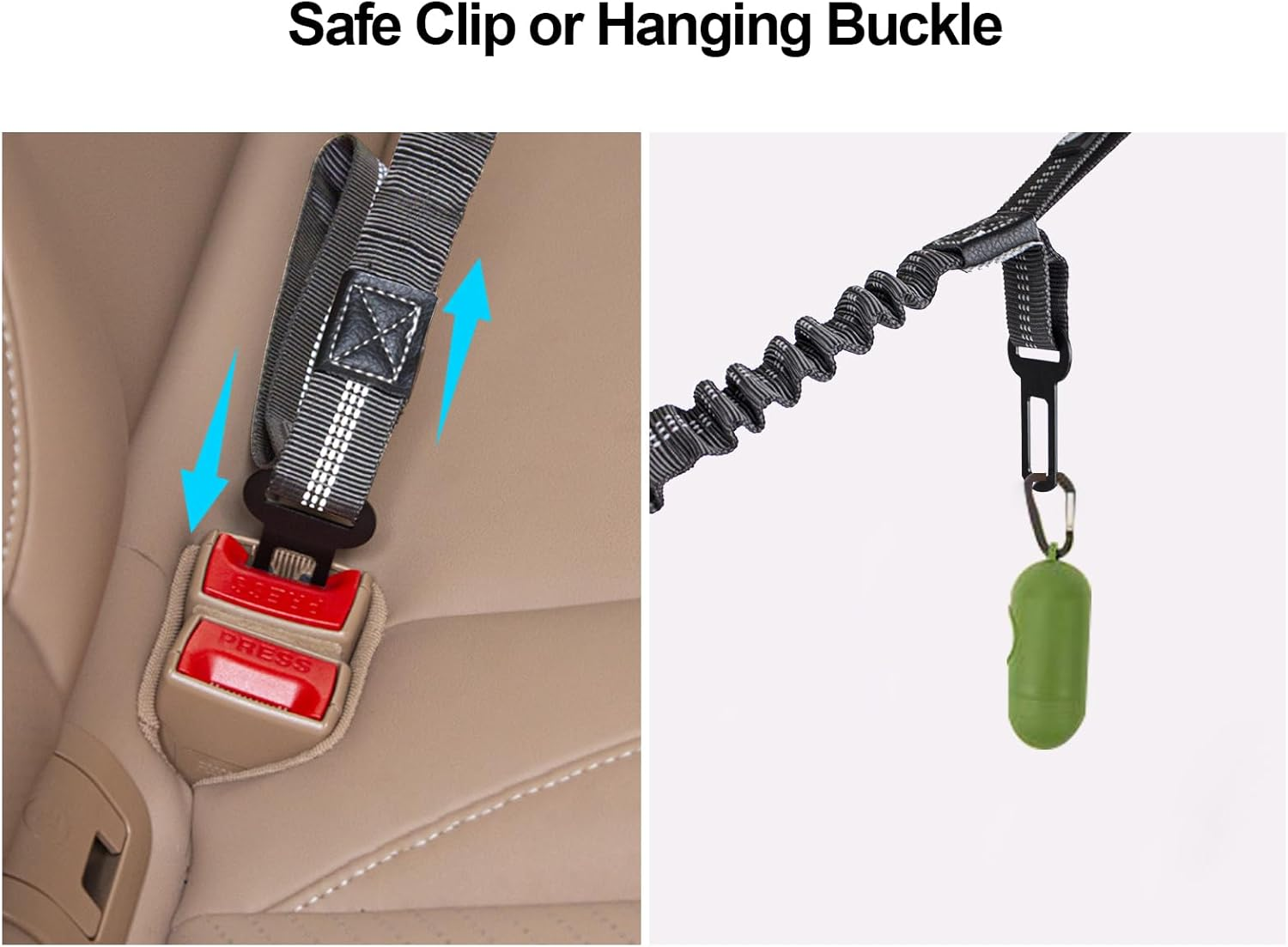 Proxima Direct Dog Car Seat Belt, Elastic Dog Car Harness Lead with Retractable Bungee Buffer, Adjustable Reflective Nylon Pet Dog Collar Leash with Safe Clip Buckle for All Cars Travel Camping Grey