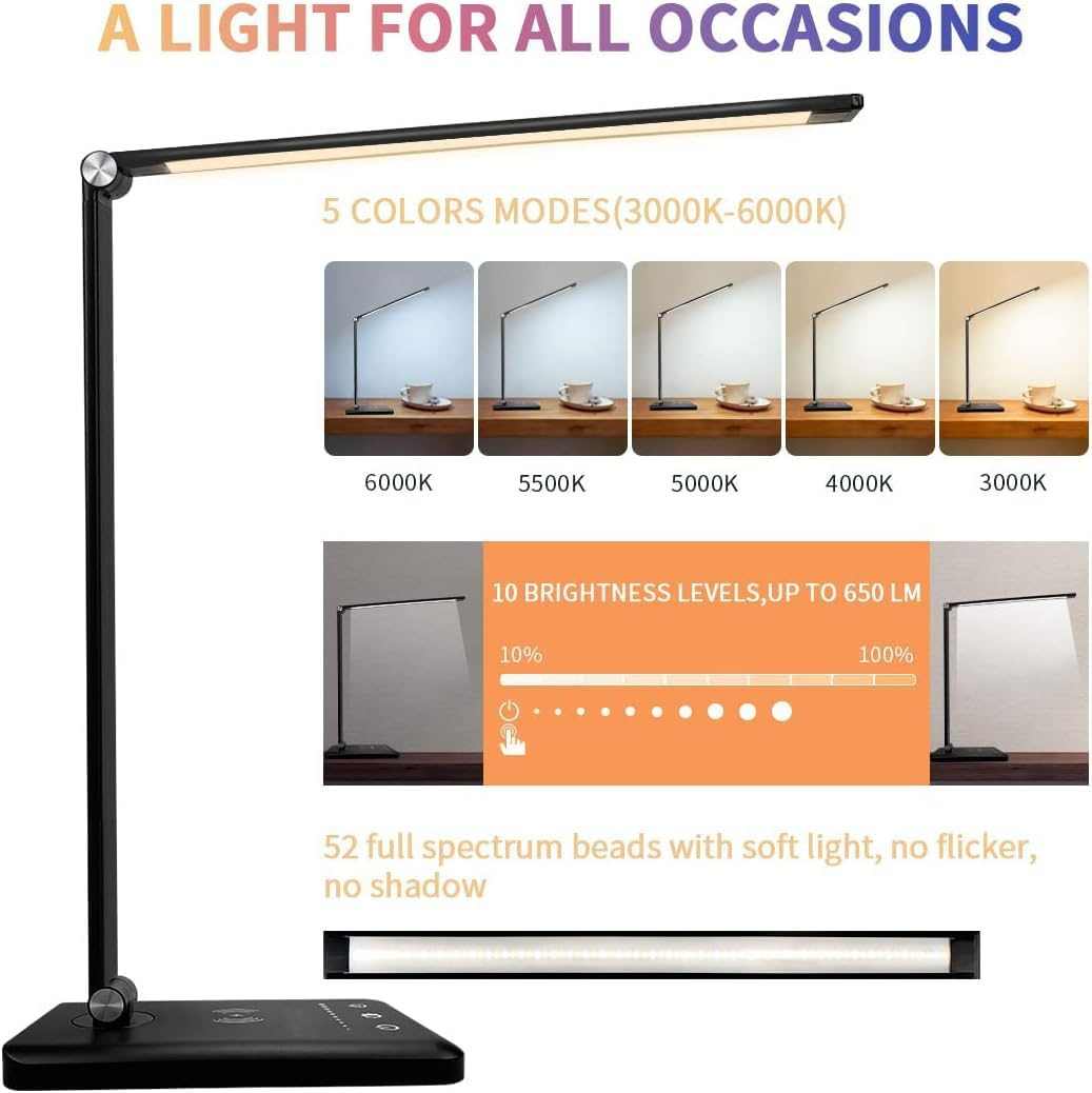 Lylilidy LED Desk Lamp with Wireless Charger & Plug, Table Lamp with 10 Brightness, 5 Lighting Colors, Dimmable Eye-Caring Desk Lamps for Home Office, Touch Control, 30/60Min Auto Timer image number 5