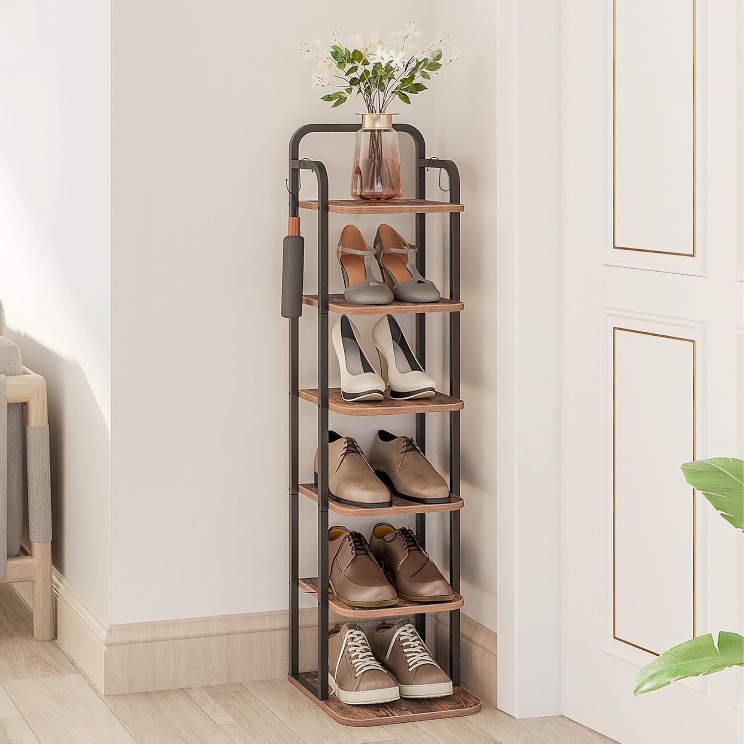 Hzuaneri Vertical Shoe Rack, Shoe Shelves, Wood Shoe Organizer for Closet, Entryway, Shoe Tower for Small Spaces, Free Standing, Adjustable, with 2 Hooks, 8 Tier Rustic Brown SR04301B