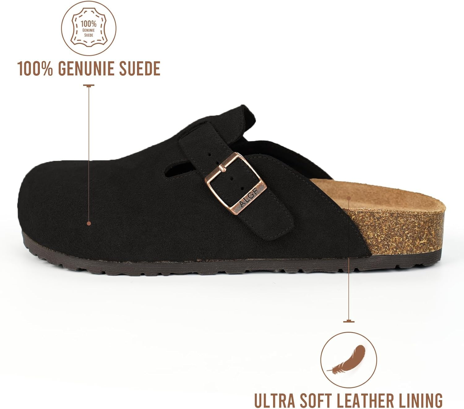 ALGF Women&rsquo;S Genuine Suede Clogs for Women Slip-On Buckle Slides Women'S Mules & Clogs Natural Rubber Cork Footbed Sandals Potato Shoes with Arch Support image number 3